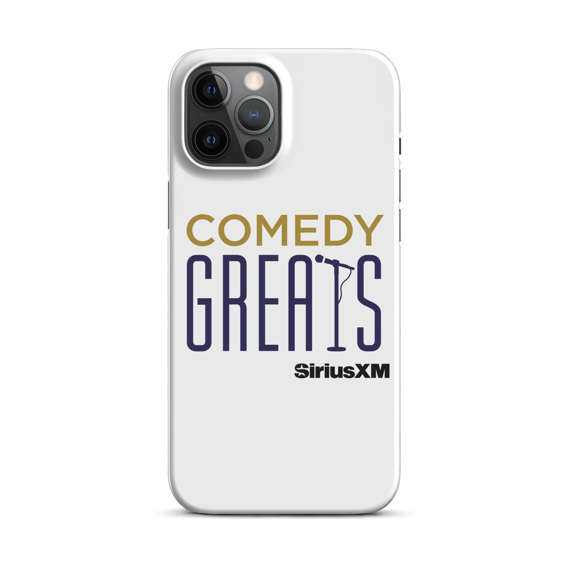 White phone case featuring the text 'COMEDY GREATS' and the 'SiriusXM' logo.