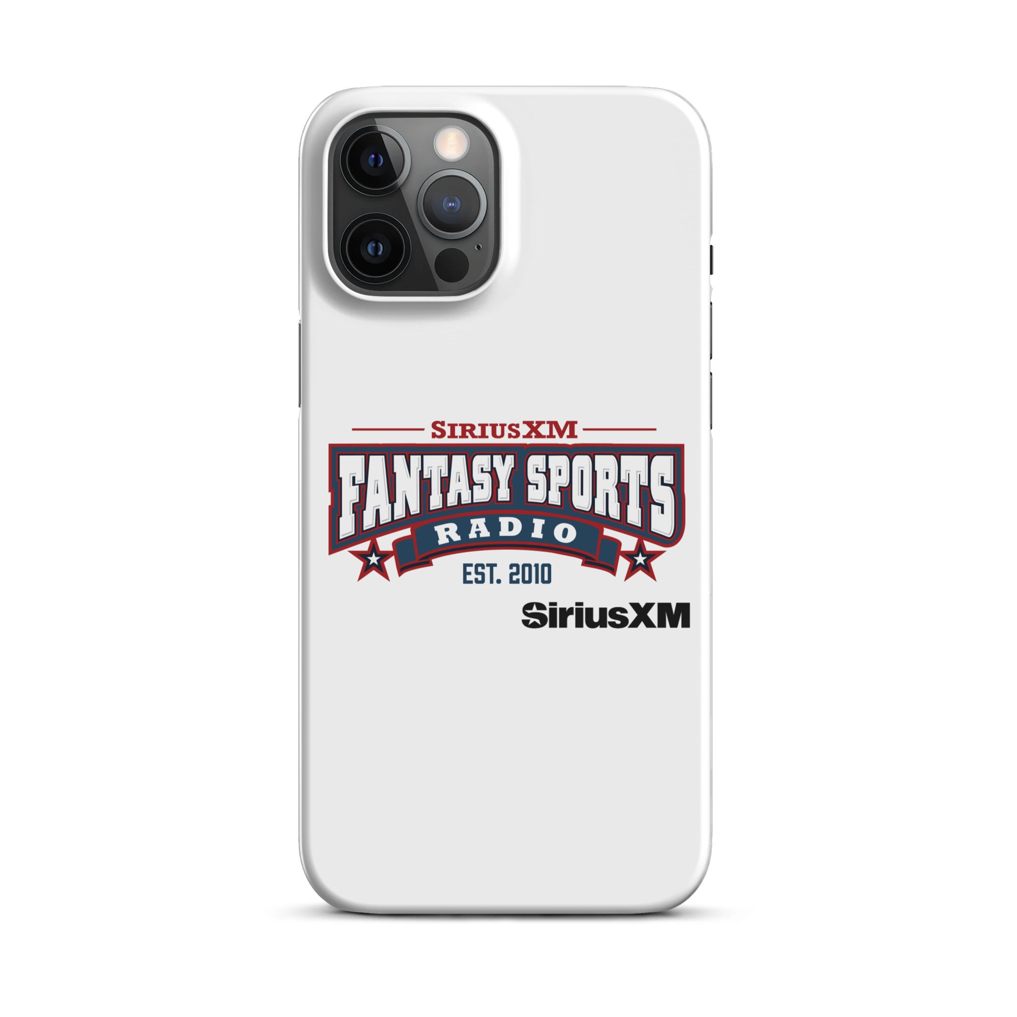 White phone case featuring the 'SiriusXM Fantasy Sports Radio Established 2010' logo with stars, banners and black 'SiriusXM' branding underneath.