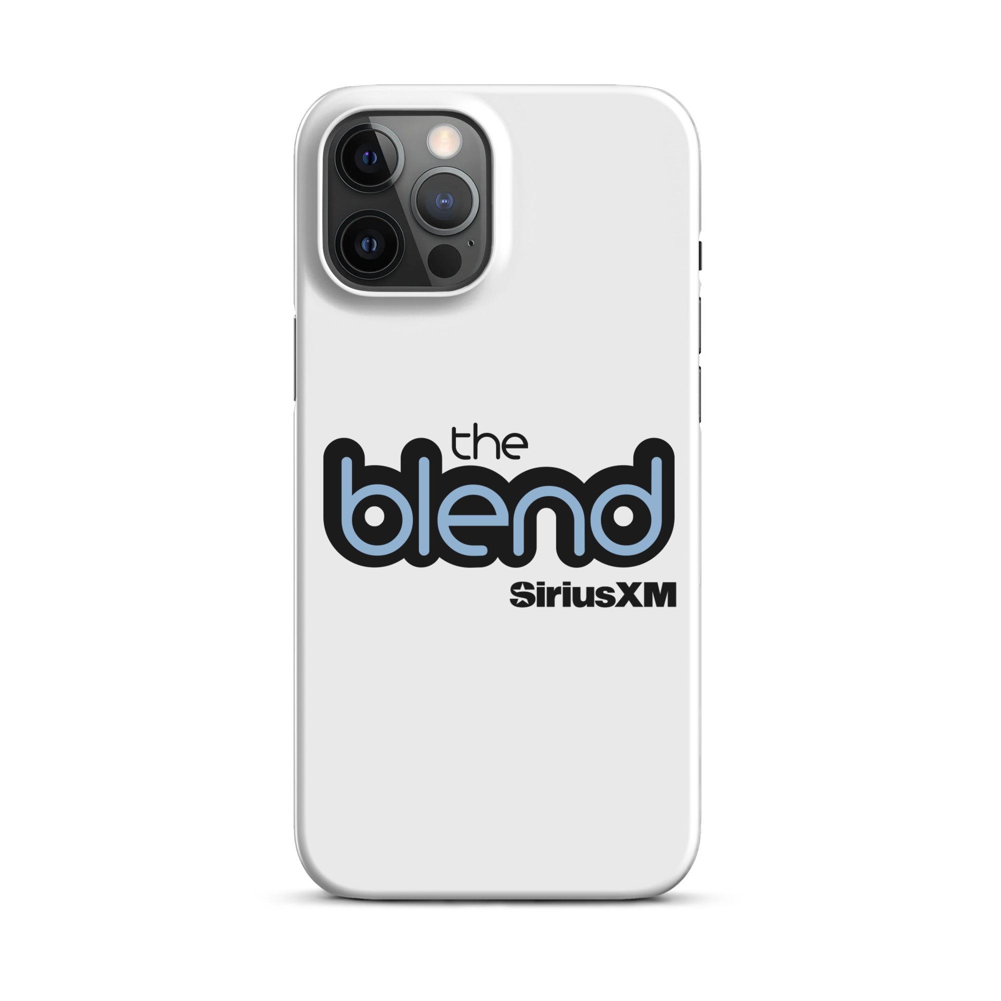 White phone case featuring the logo 'the blend' in black and blue and the 'SiriusXM' logo.