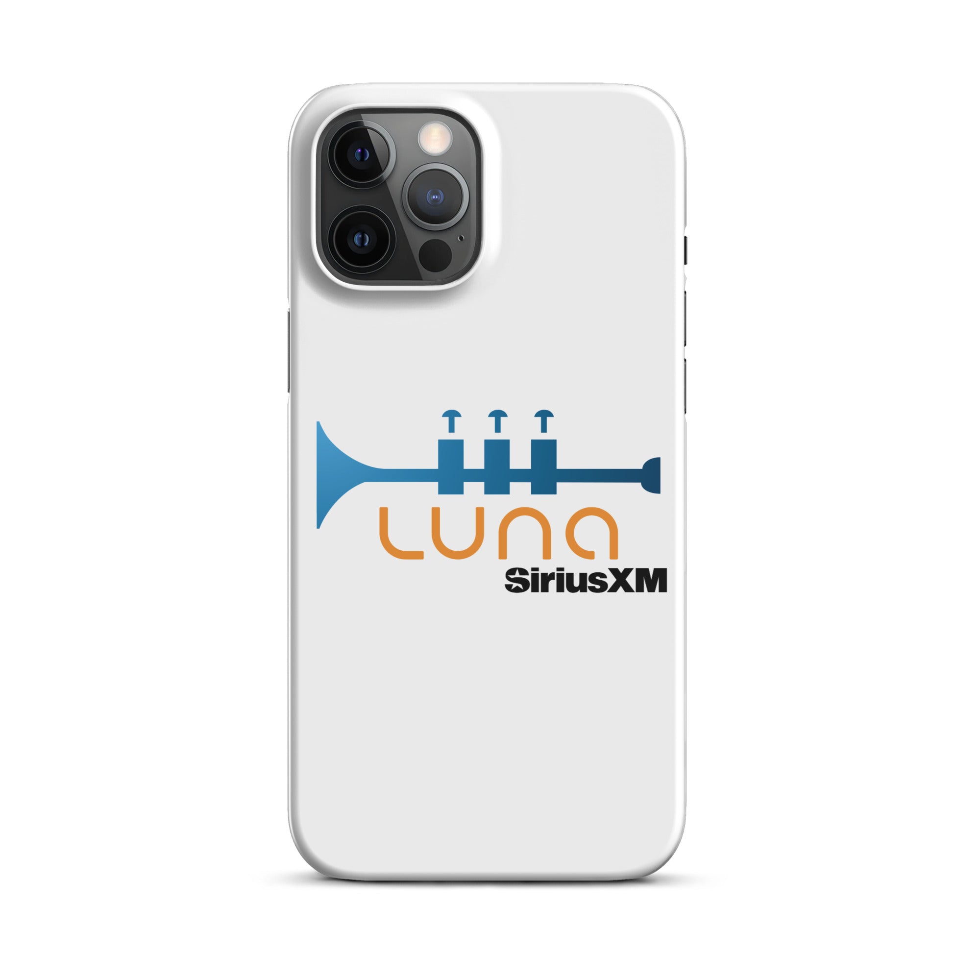 White phone case featuring a blue trumpet graphic in the orange 'LUNA' logo and 'SiriusXM' branding.