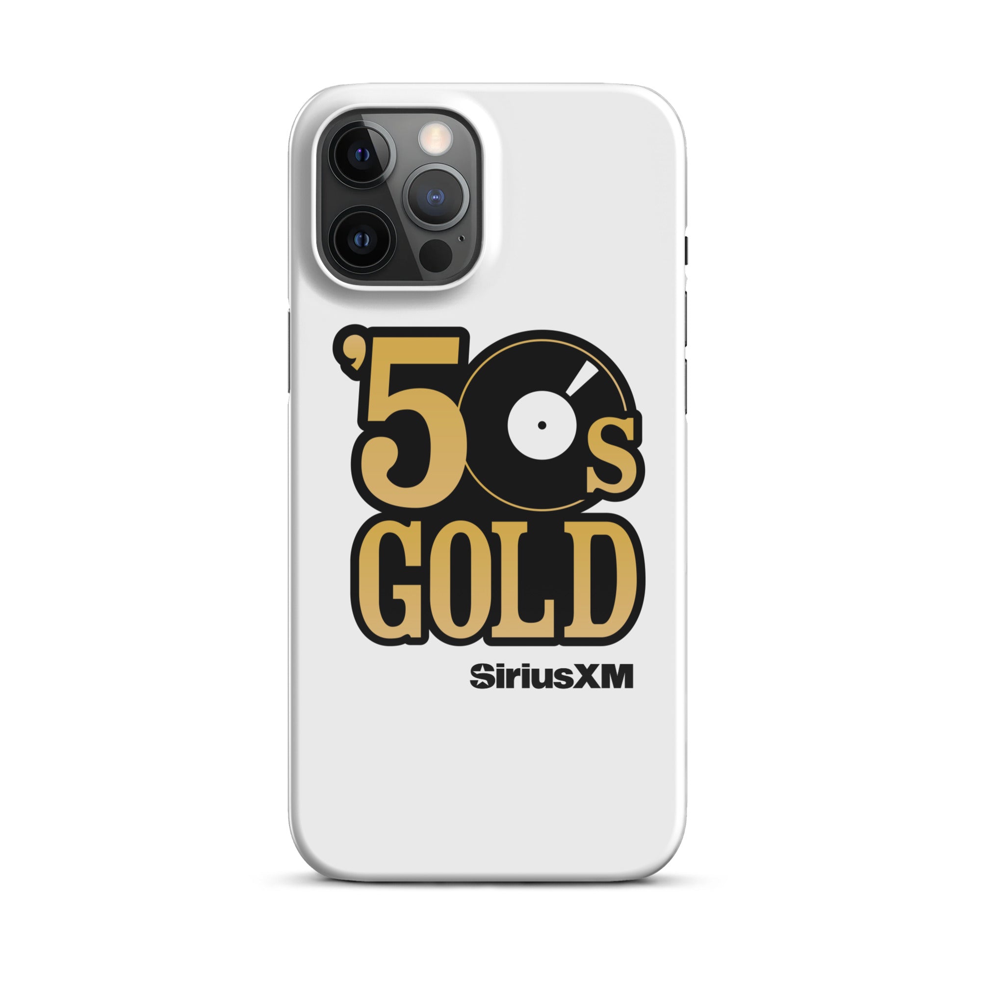 White phone case featuring '50s GOLD' logo with a record icon and 'SiriusXM' branding.