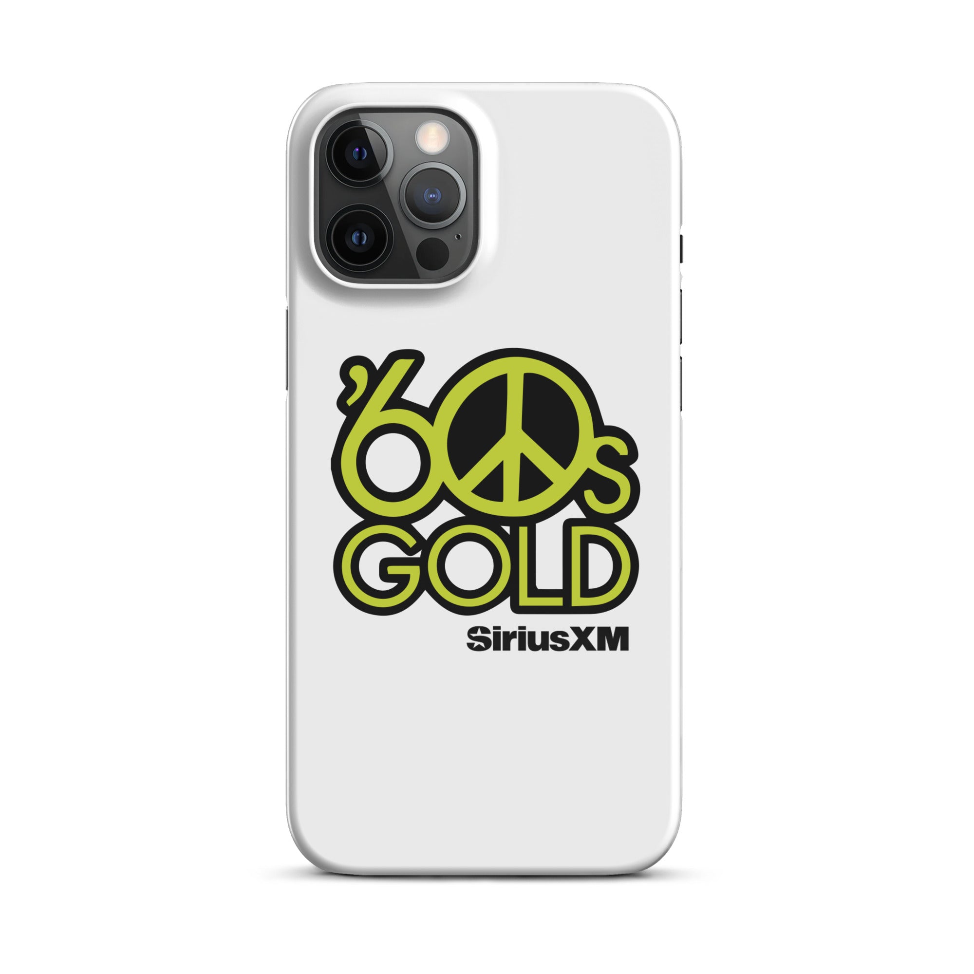 White phone case featuring '60s Gold' logo and peace sign in green, with 'SiriusXM' branding.