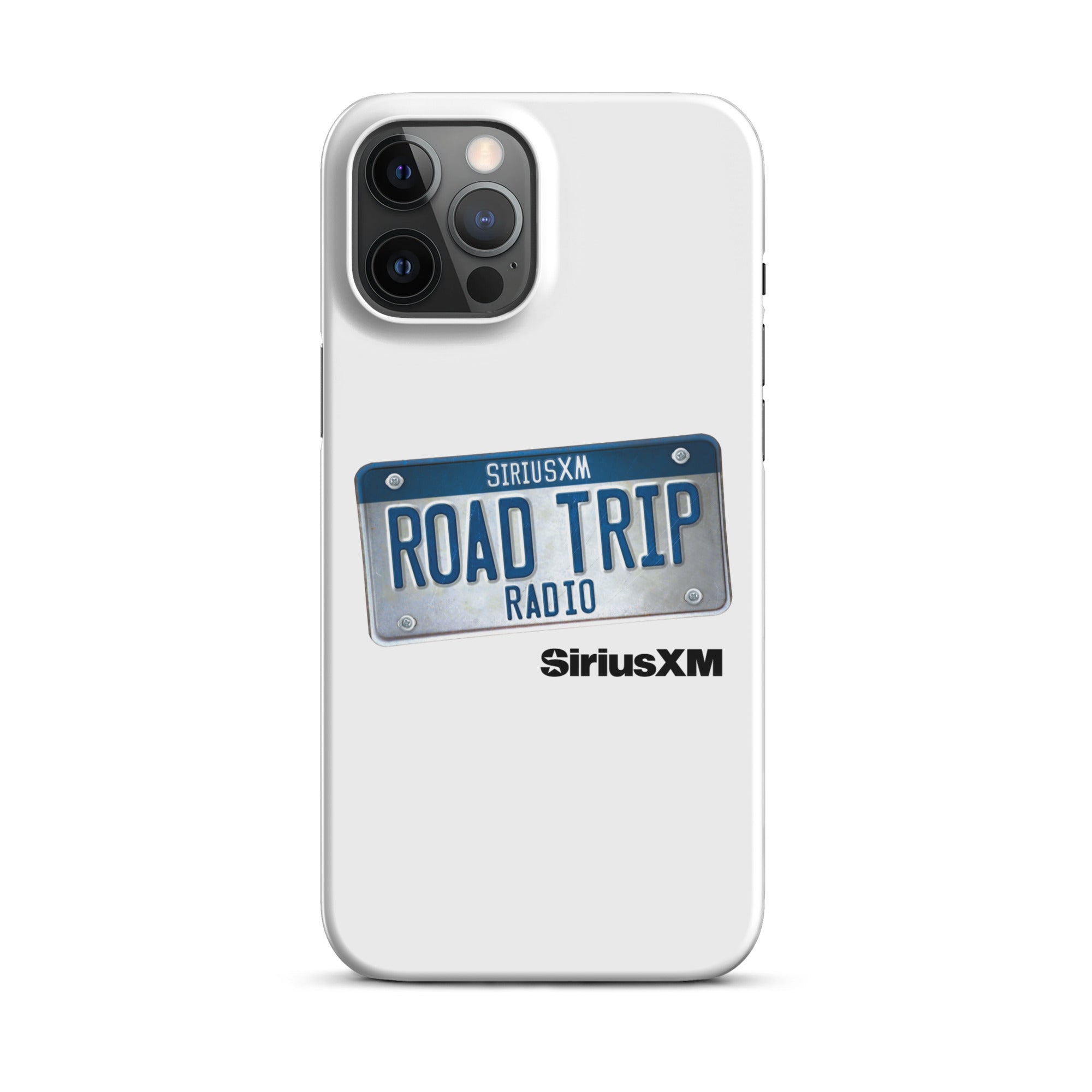 White phone case featuring a license plate design with 'ROAD TRIP RADIO' logo and 'SiriusXM' branding.