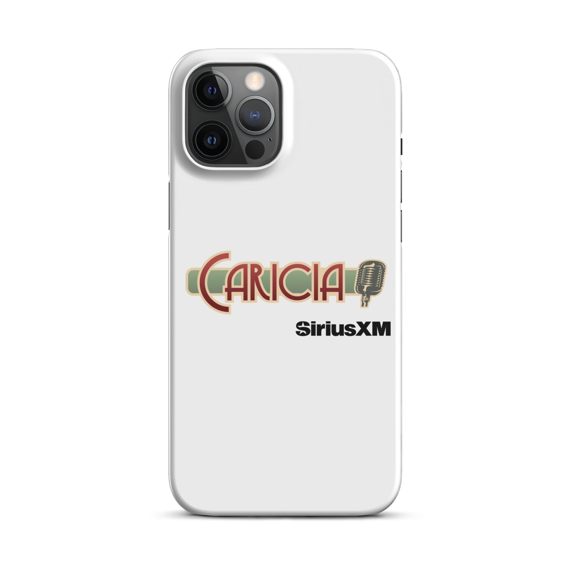 White phone case with a logo of 'Caricia' with a microphone icon and 'SiriusXM' branding.