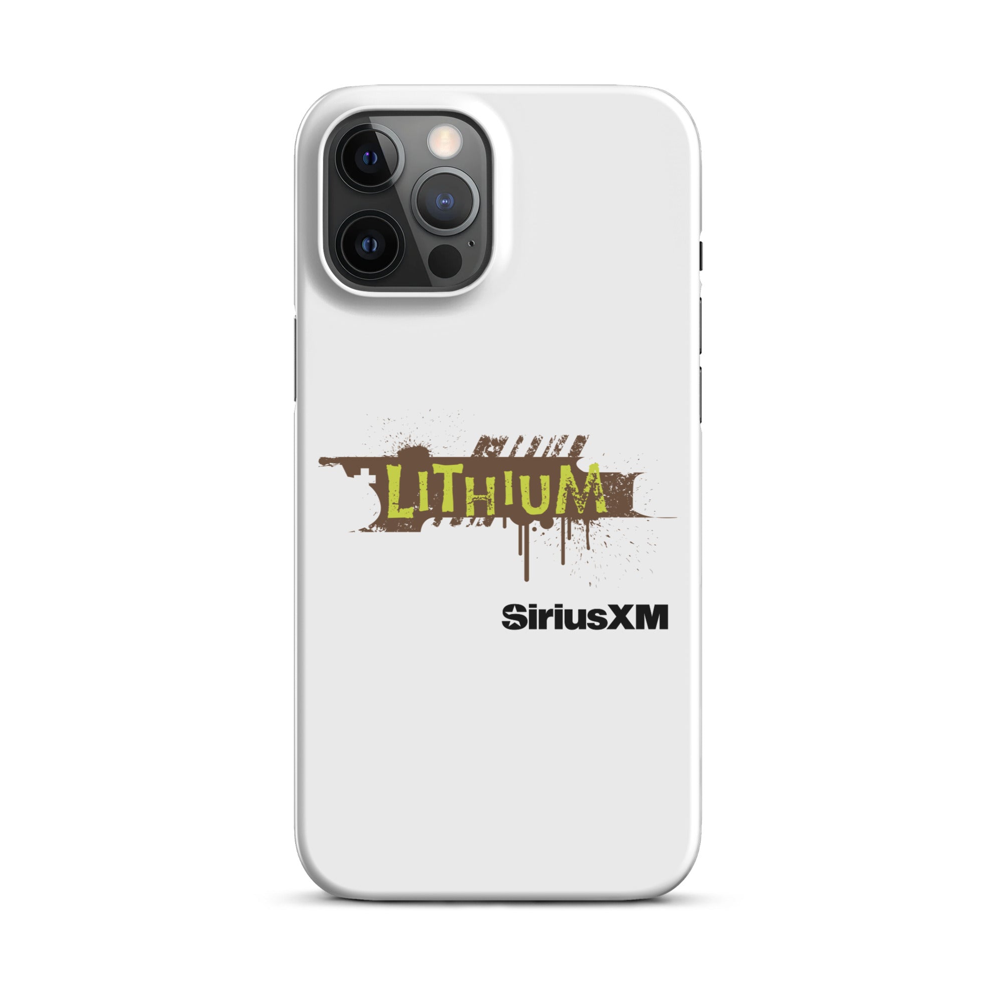 A white phone case featuring the 'LITHIUM' logo in green and brown, with 'SiriusXM' below it.