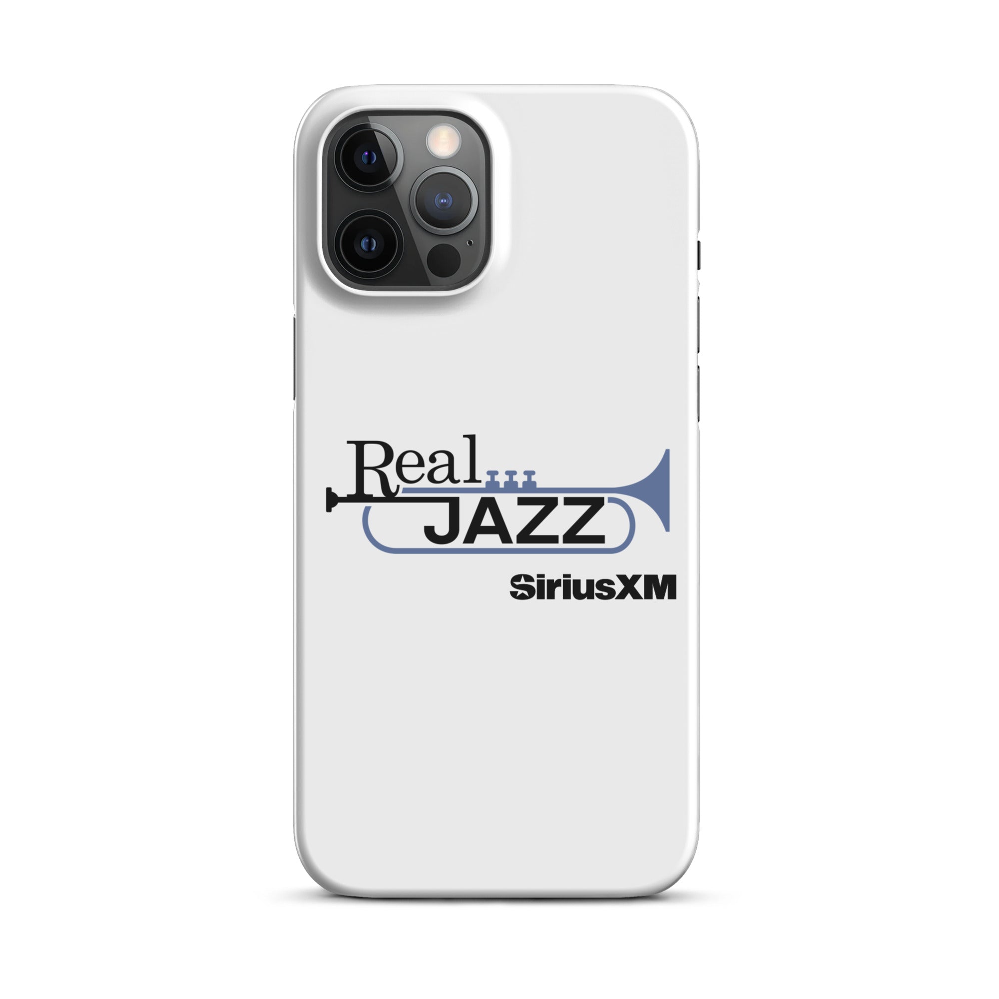 White phone case with 'Real Jazz' text and trumpet logo, featuring 'SiriusXM' branding.