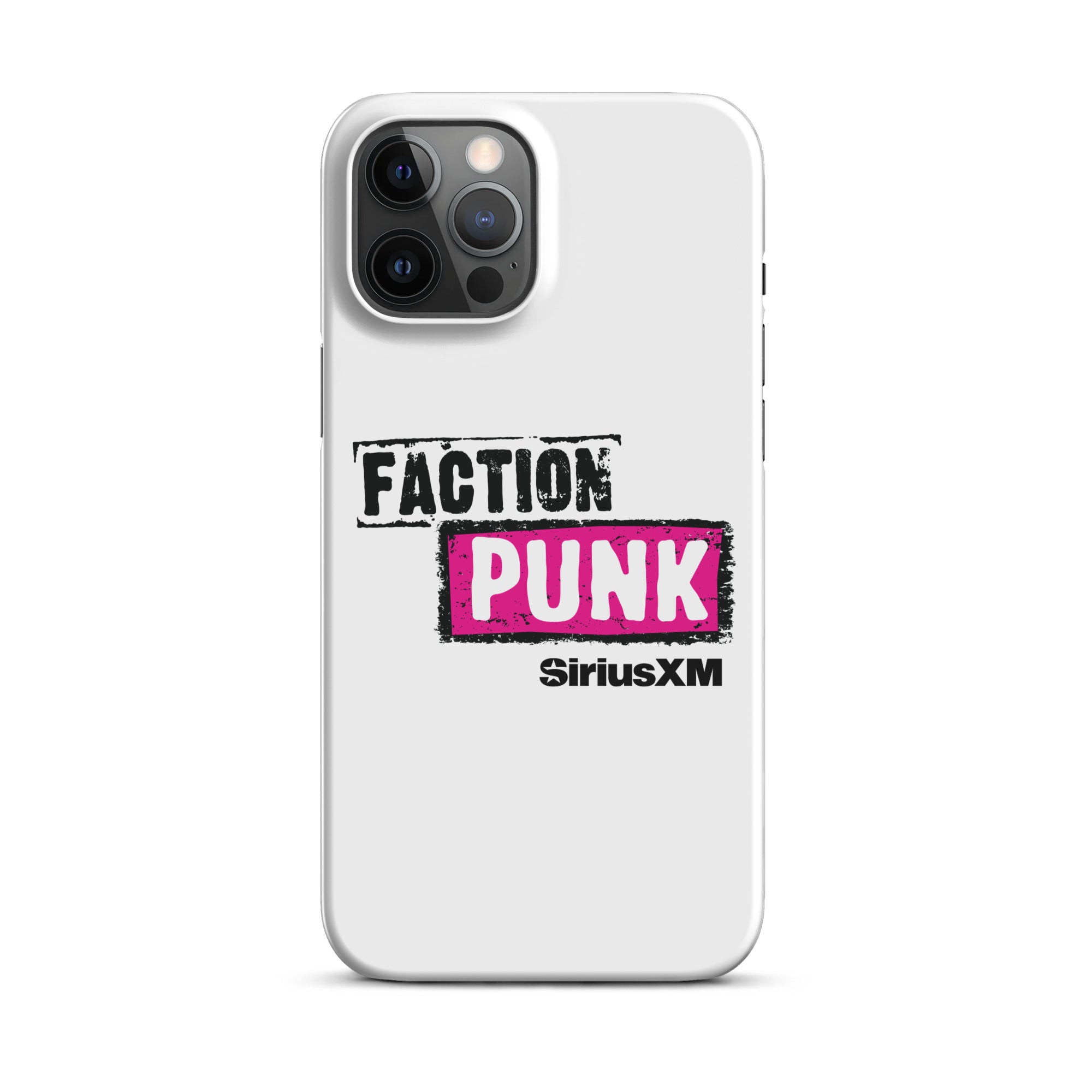 White phone case featuring 'FACTION PUNK' logo in pink and black with 'SiriusXM' branding below.