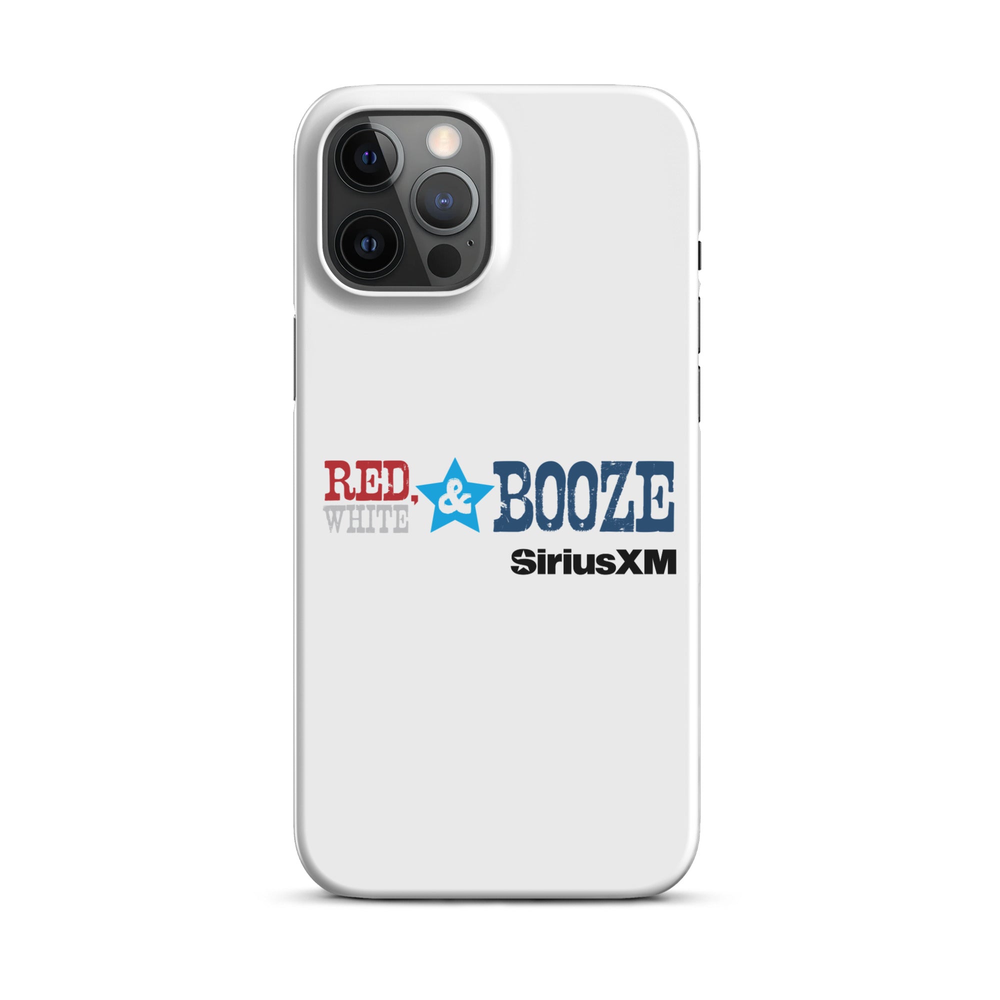 White phone case design with 'RED, WHITE & BOOZE' and 'SiriusXM' logos in red, blue, and black.