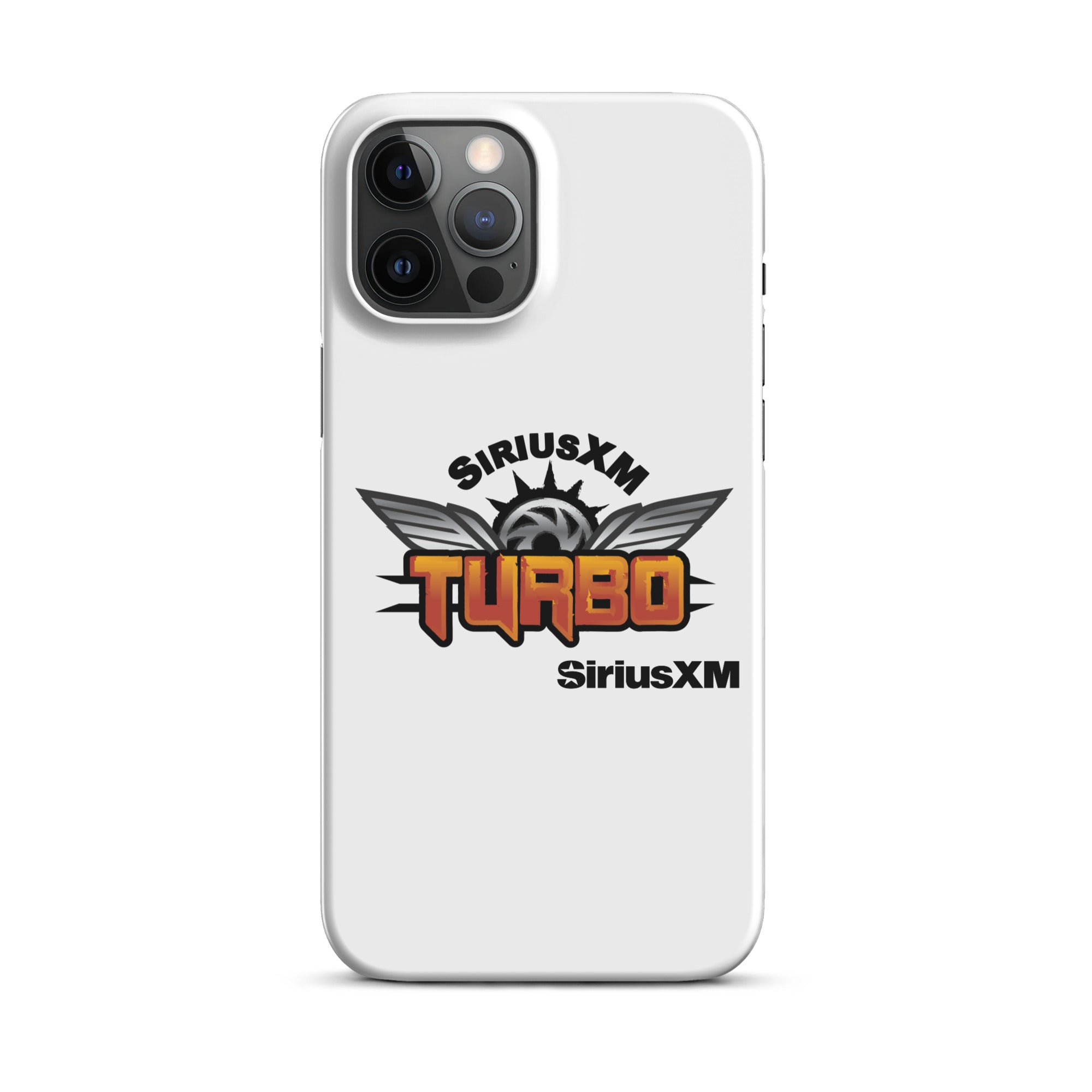 White phone case featuring the 'SiriusXM Turbo' logo in bold orange lettering with wings and 'SiriusXM' branding.