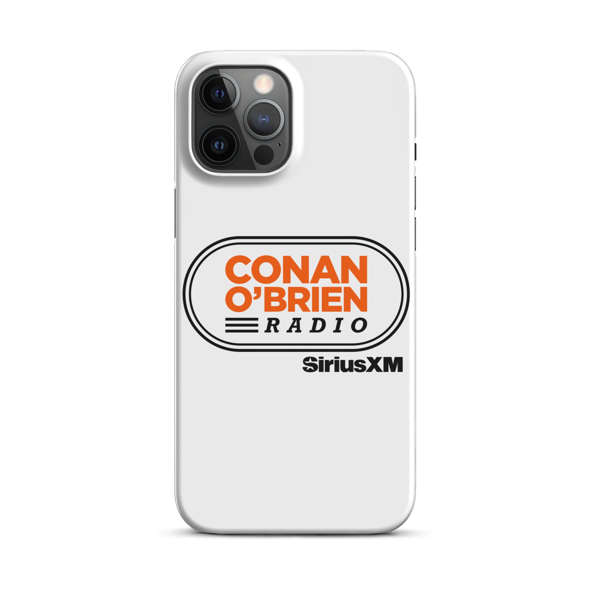 White phone case featuring 'Conan O'Brien Radio' logo and 'SiriusXM' branding.