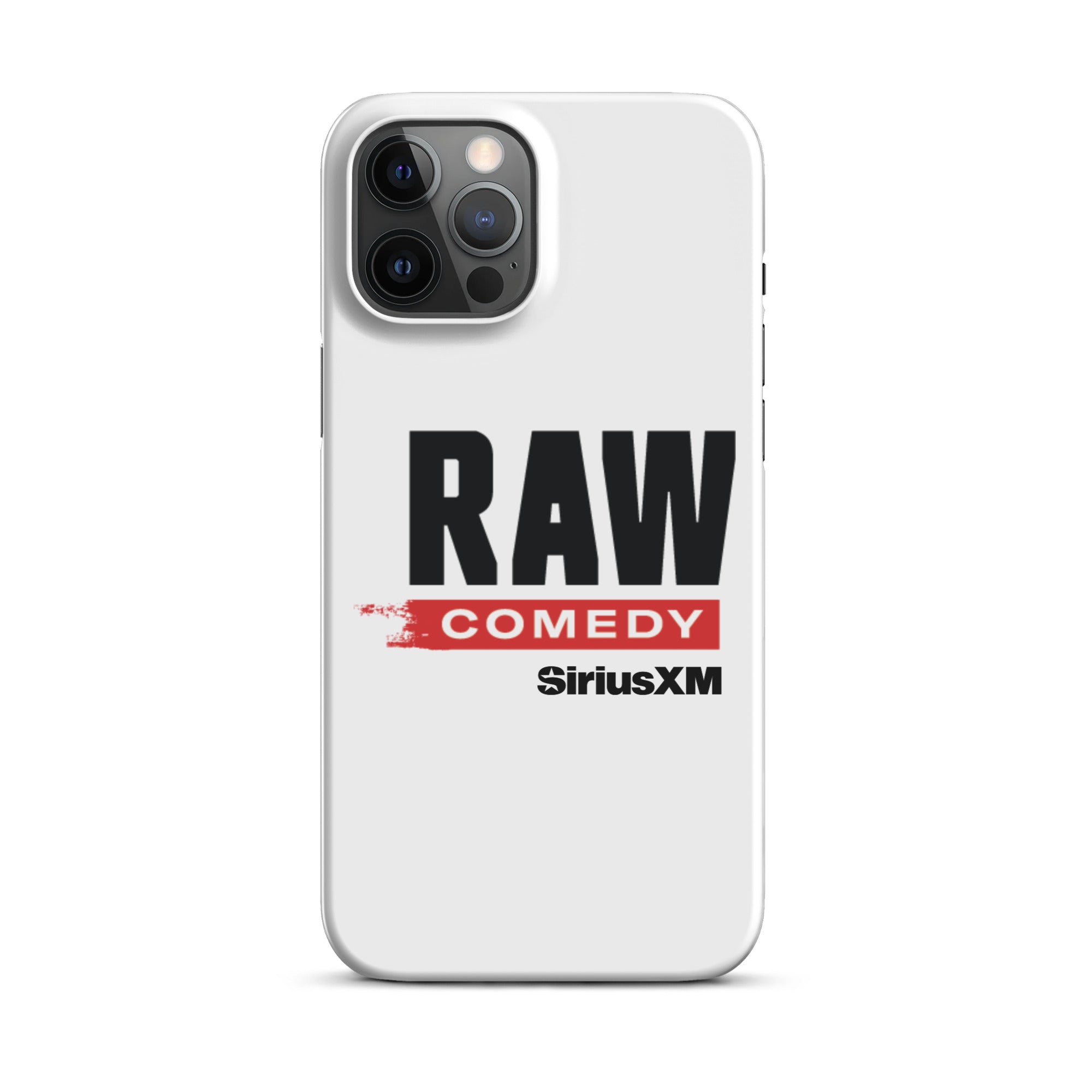 White phone case featuring the text 'RAW COMEDY' and the 'SiriusXM' logo.