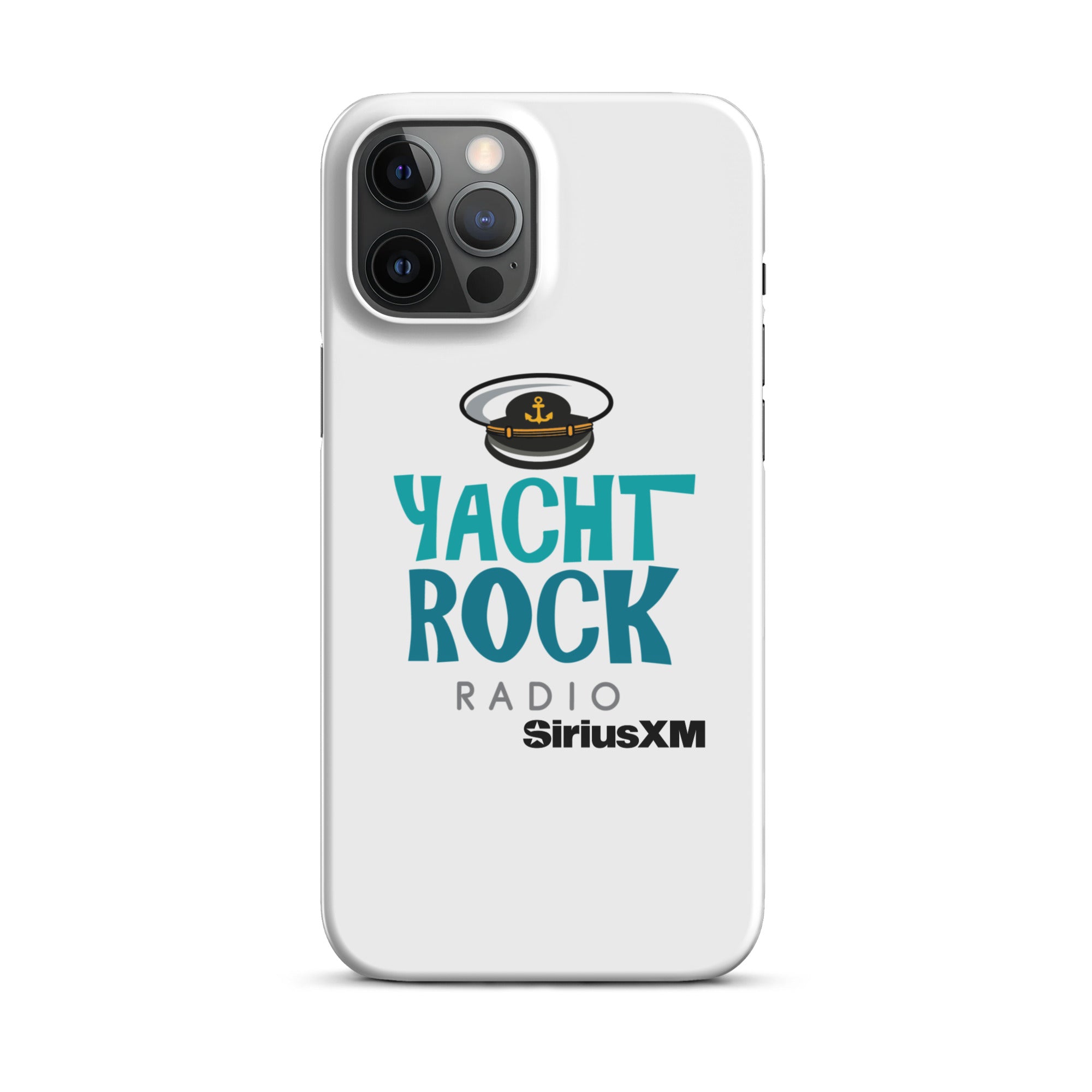 White phone case featuring 'Yacht Rock Radio' logo with a captain's hat and 'SiriusXM' branding.