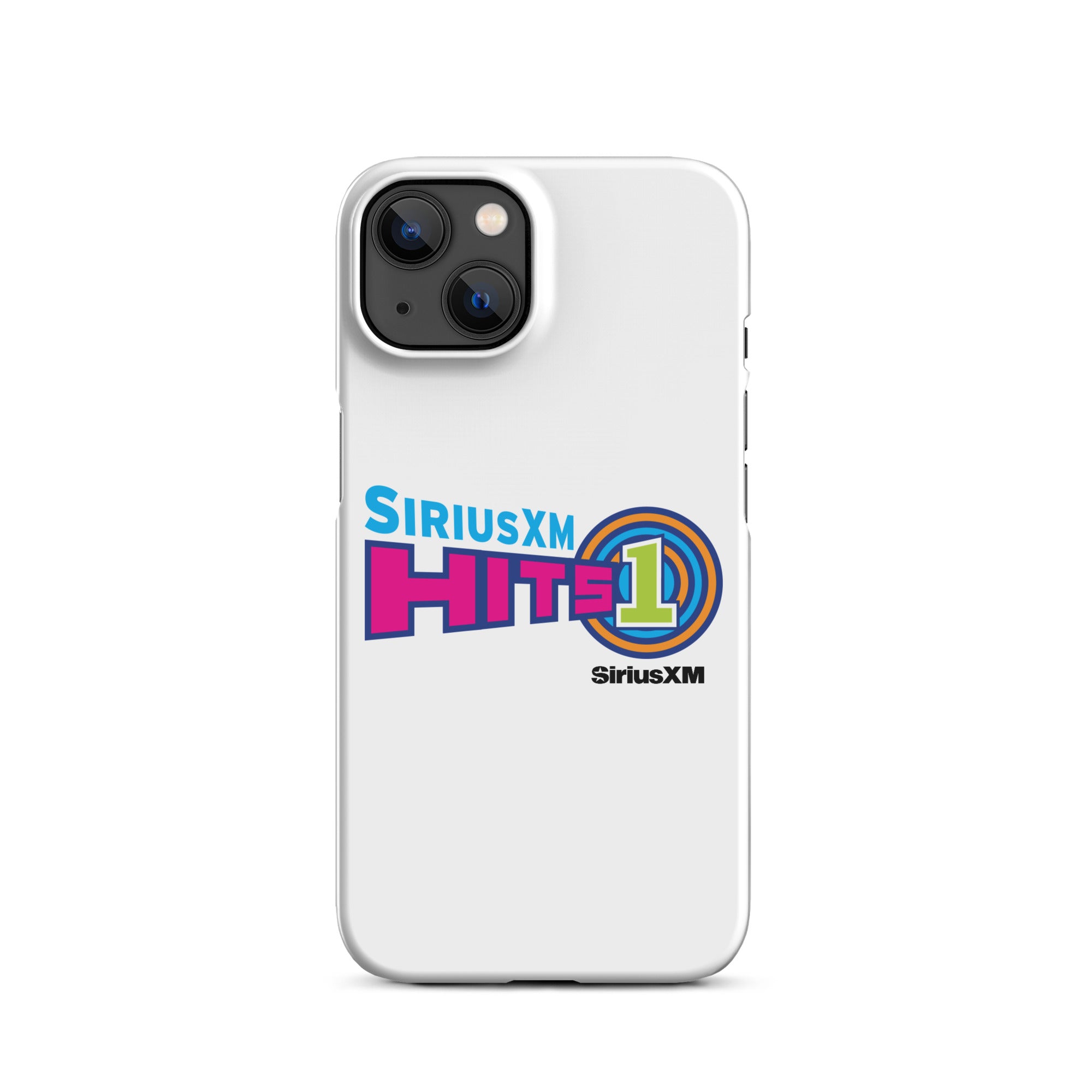 White phone case featuring the 'SiriusXM Hits 1' logo in vibrant colors and 'SiriusXM' branding underneath.