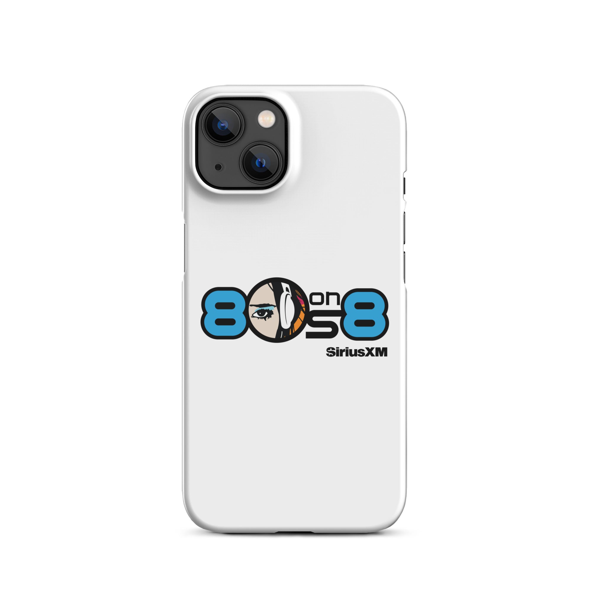 White phone case featuring '80s on 8' logo with a stylized illustration of a person with headphones and 'SiriusXM' branding.