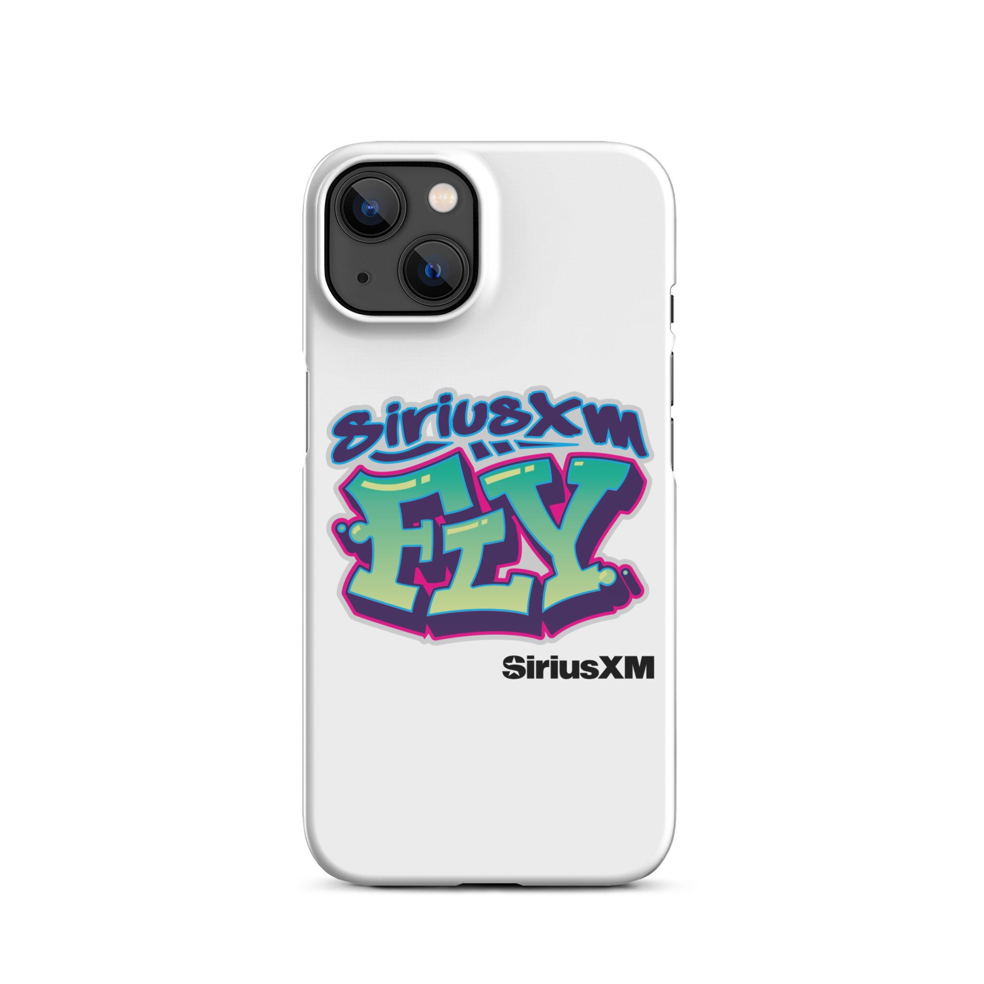 White phone case featuring colorful graffiti-style text: 'SiriusXM FLY' with 'SiriusXM' branding below.