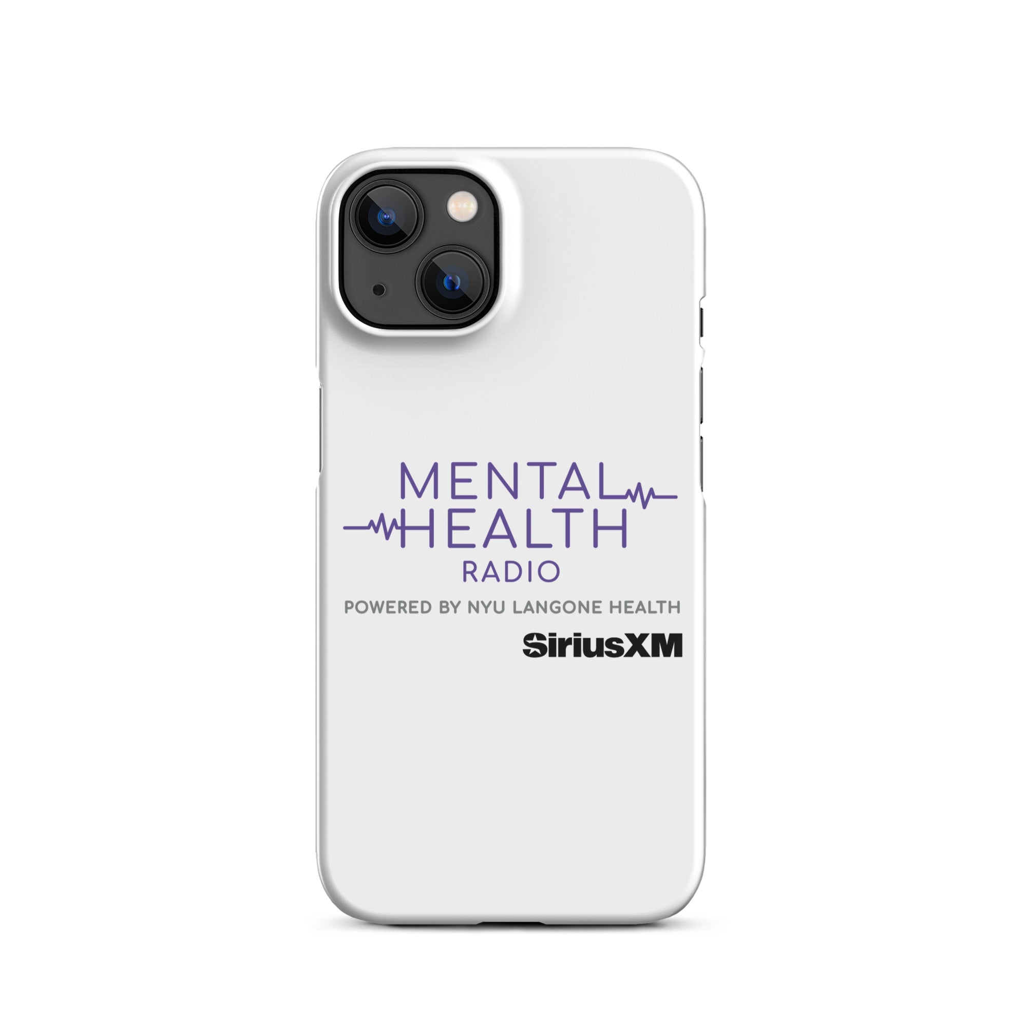 White phone case featuring 'Mental Health Radio powered by NYU Langone Health' logo and 'SiriusXM' branding.