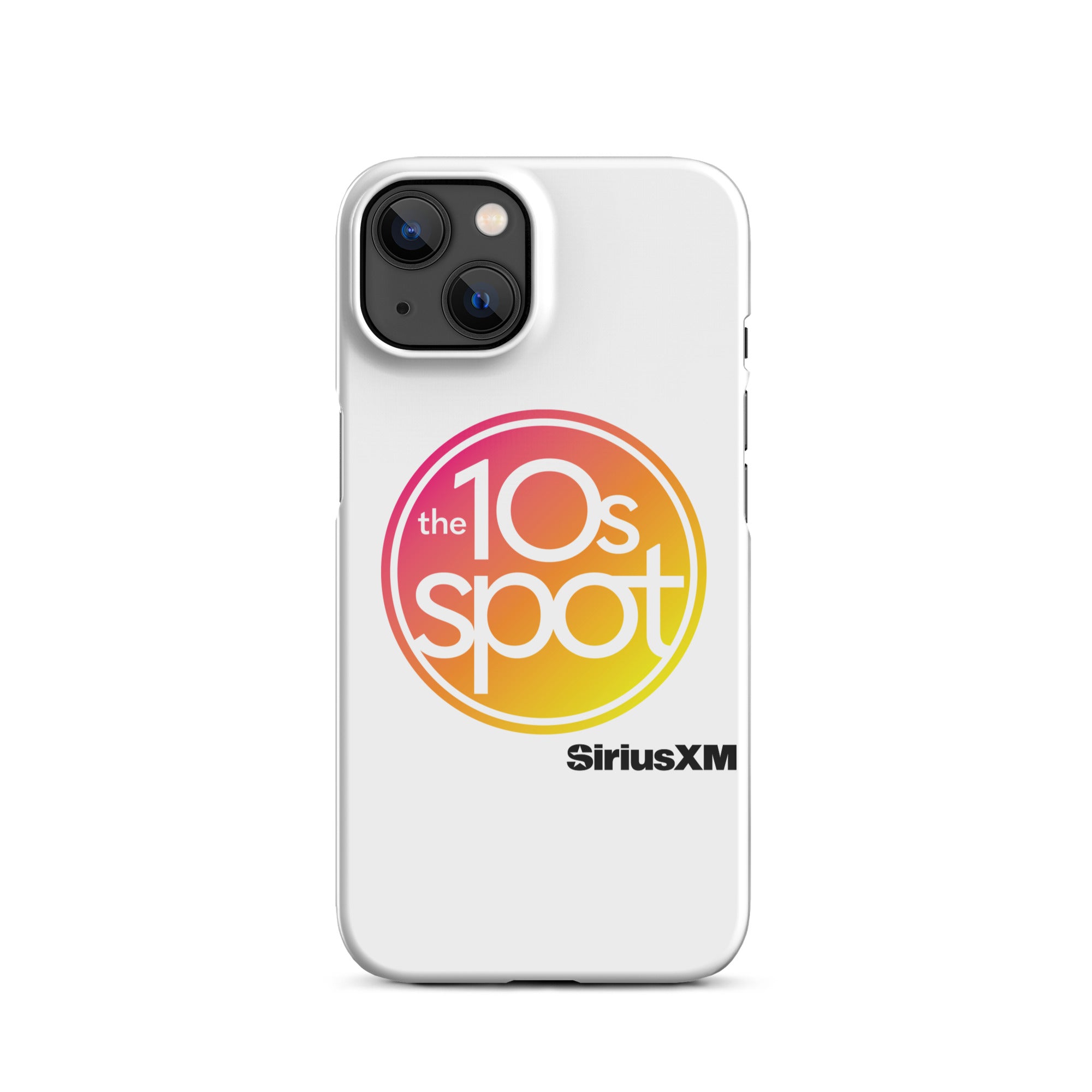 A white phone case featuring 'the 10s Spot' logo with vibrant colors and 'SiriusXM' branding.