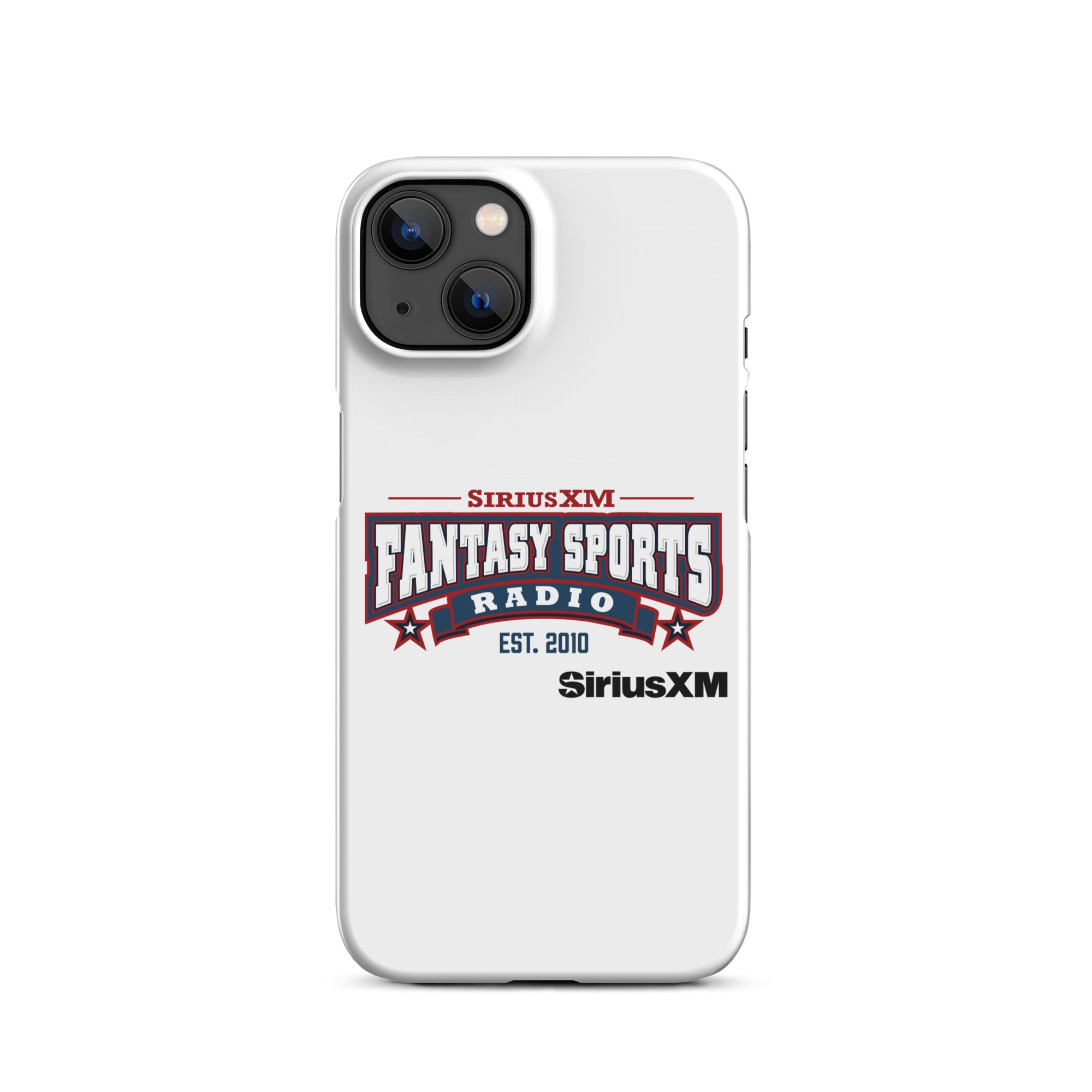 White phone case featuring the 'SiriusXM Fantasy Sports Radio Established 2010' logo with stars, banners and black 'SiriusXM' branding underneath.