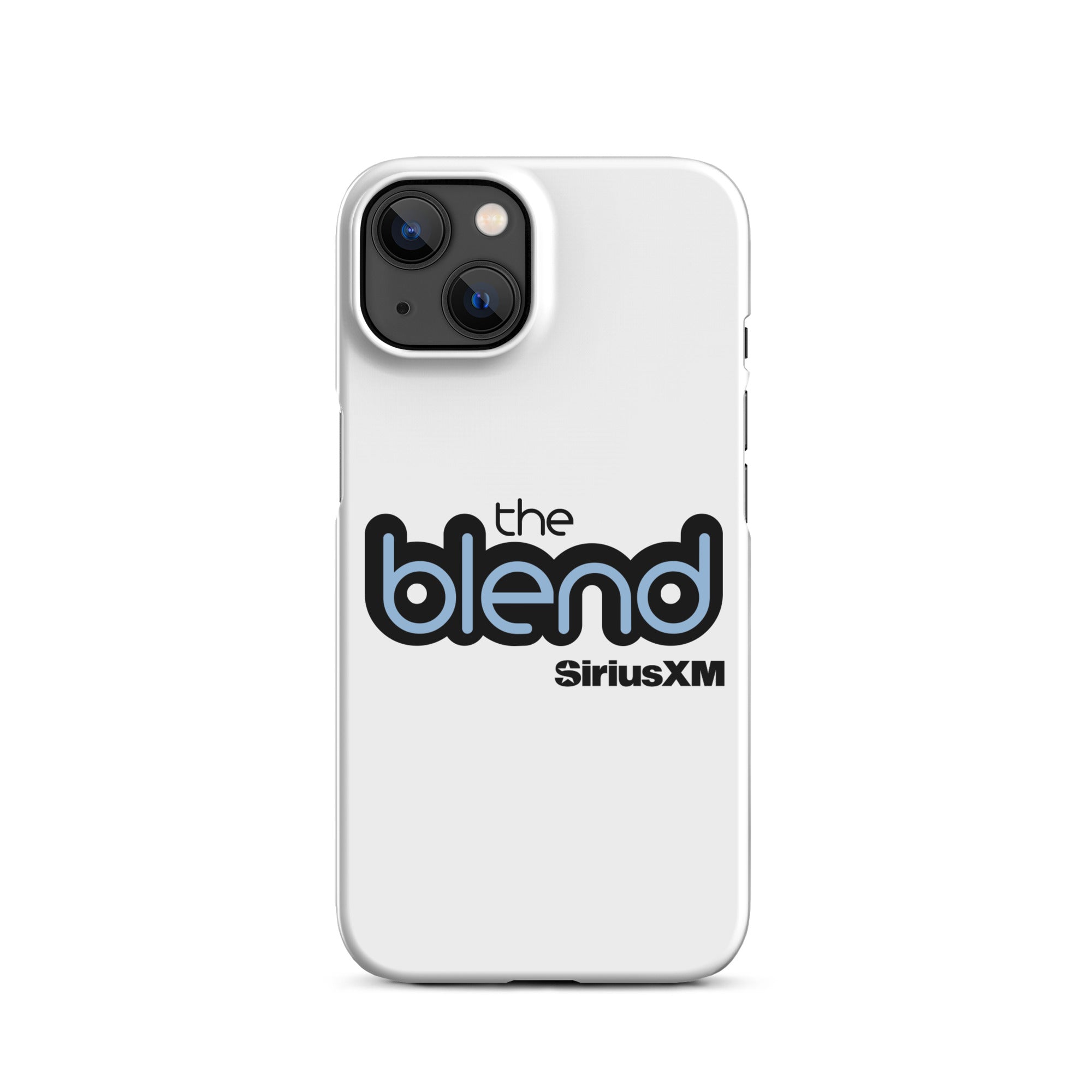 White phone case featuring the logo 'the blend' in black and blue and the 'SiriusXM' logo.