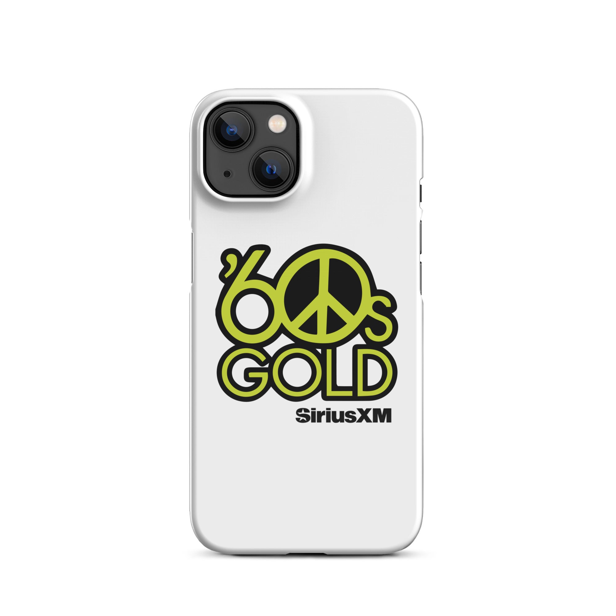 White phone case featuring '60s Gold' logo and peace sign in green, with 'SiriusXM' branding.