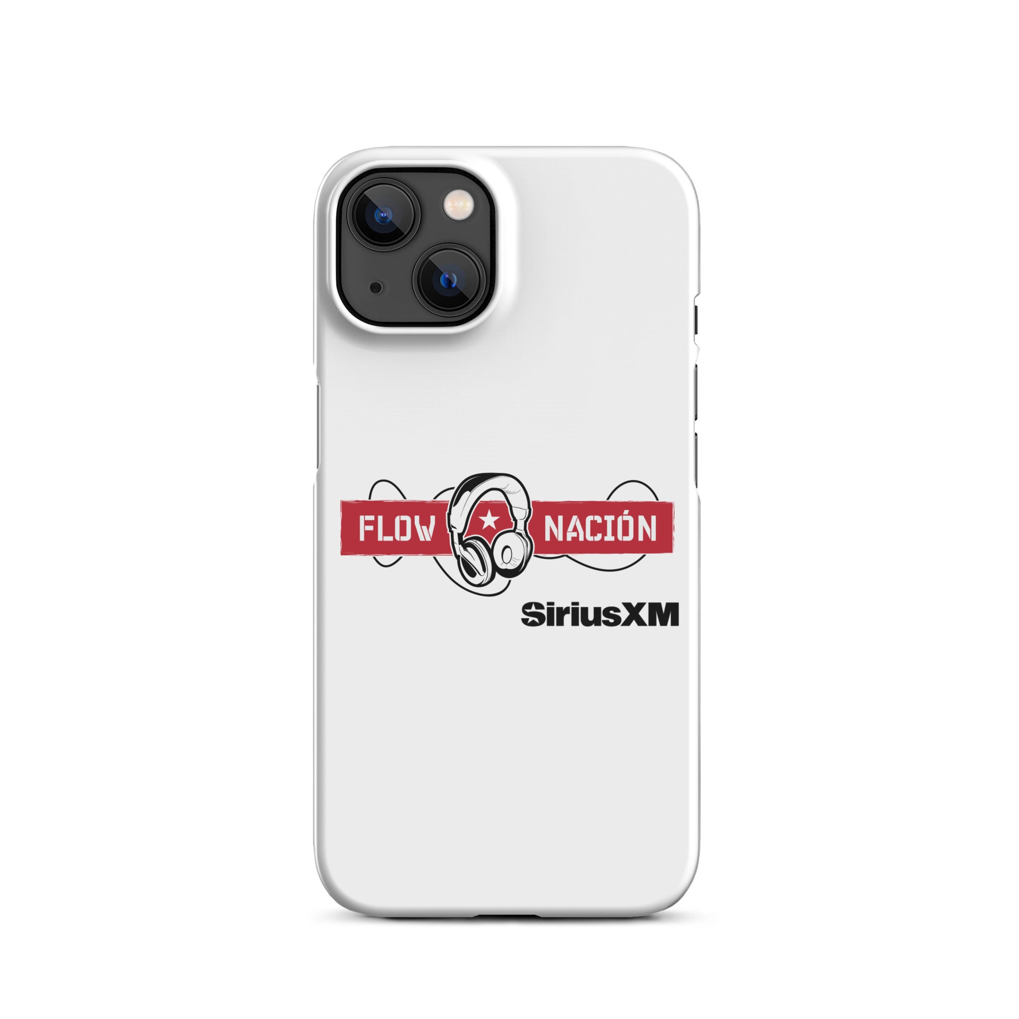 White phone case featuring 'FLOW NACION' with headphones logo and 'SiriusXM' branding.