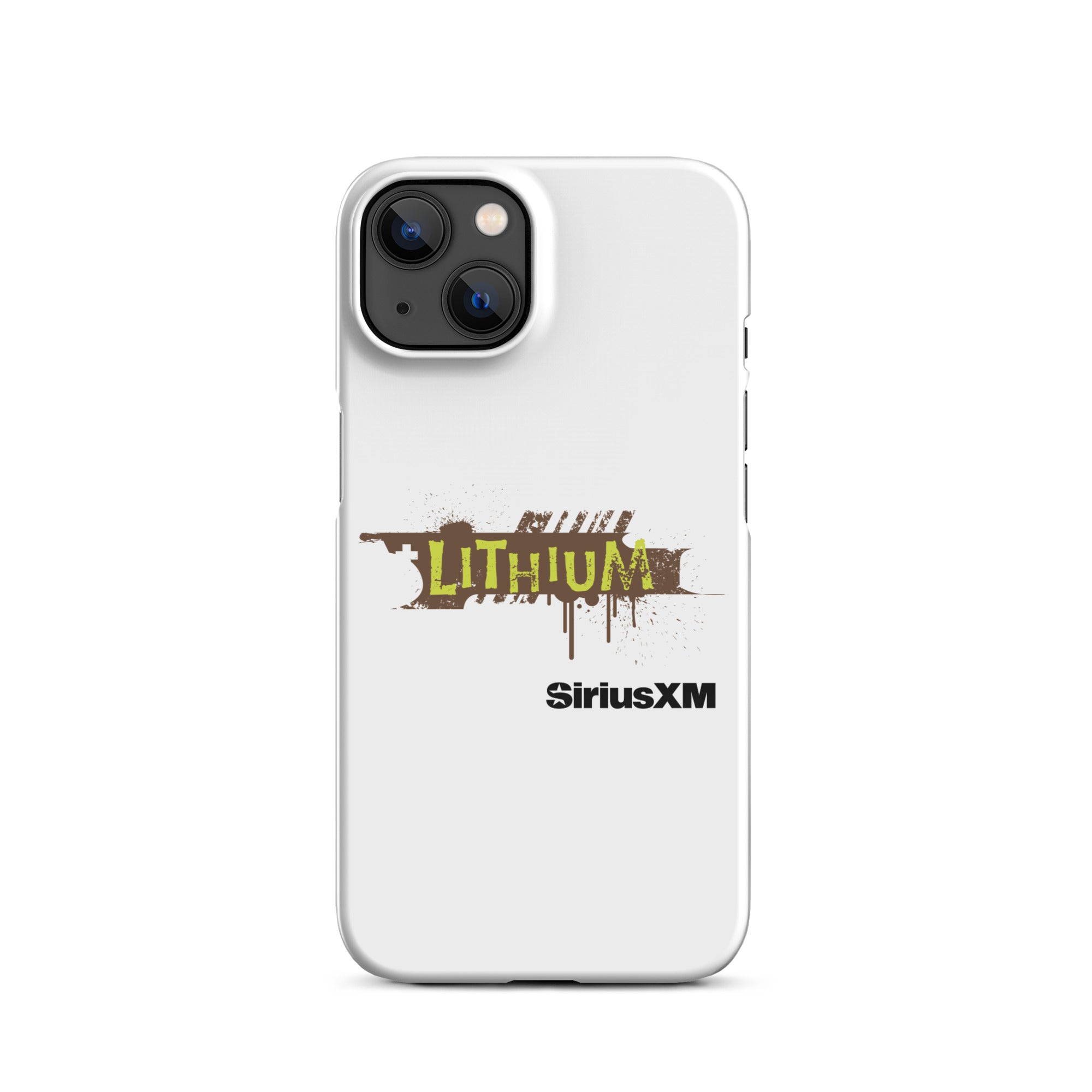 A white phone case featuring the 'LITHIUM' logo in green and brown, with 'SiriusXM' below it.