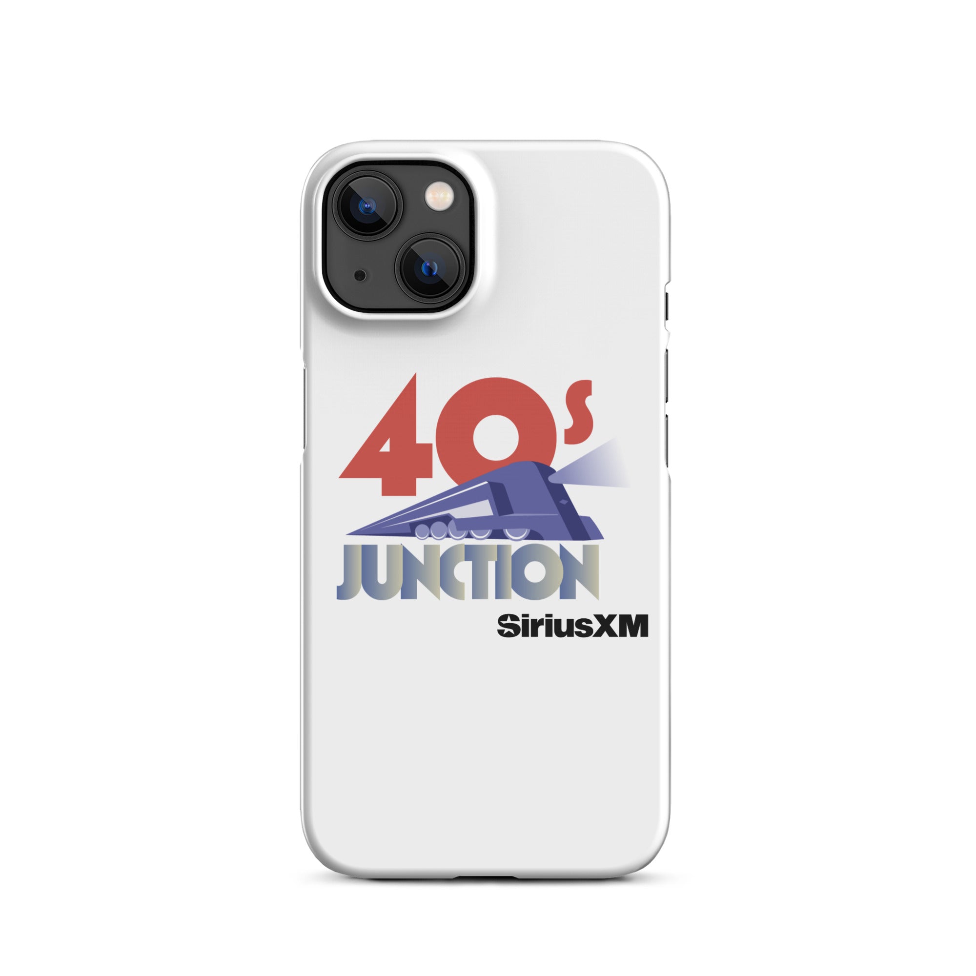 White phone case featuring the text '40s Junction' and a blue train graphic, with 'SiriusXM' logo below.