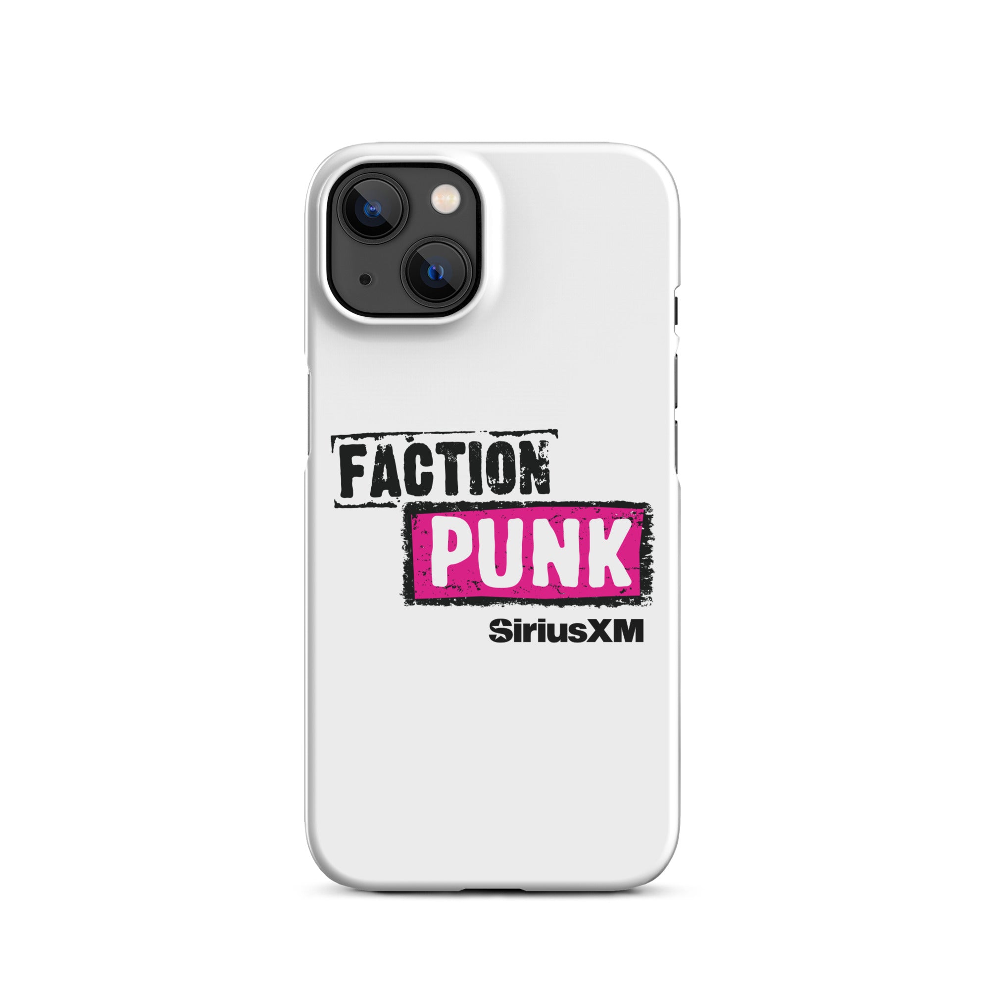 White phone case featuring 'FACTION PUNK' logo in pink and black with 'SiriusXM' branding below.