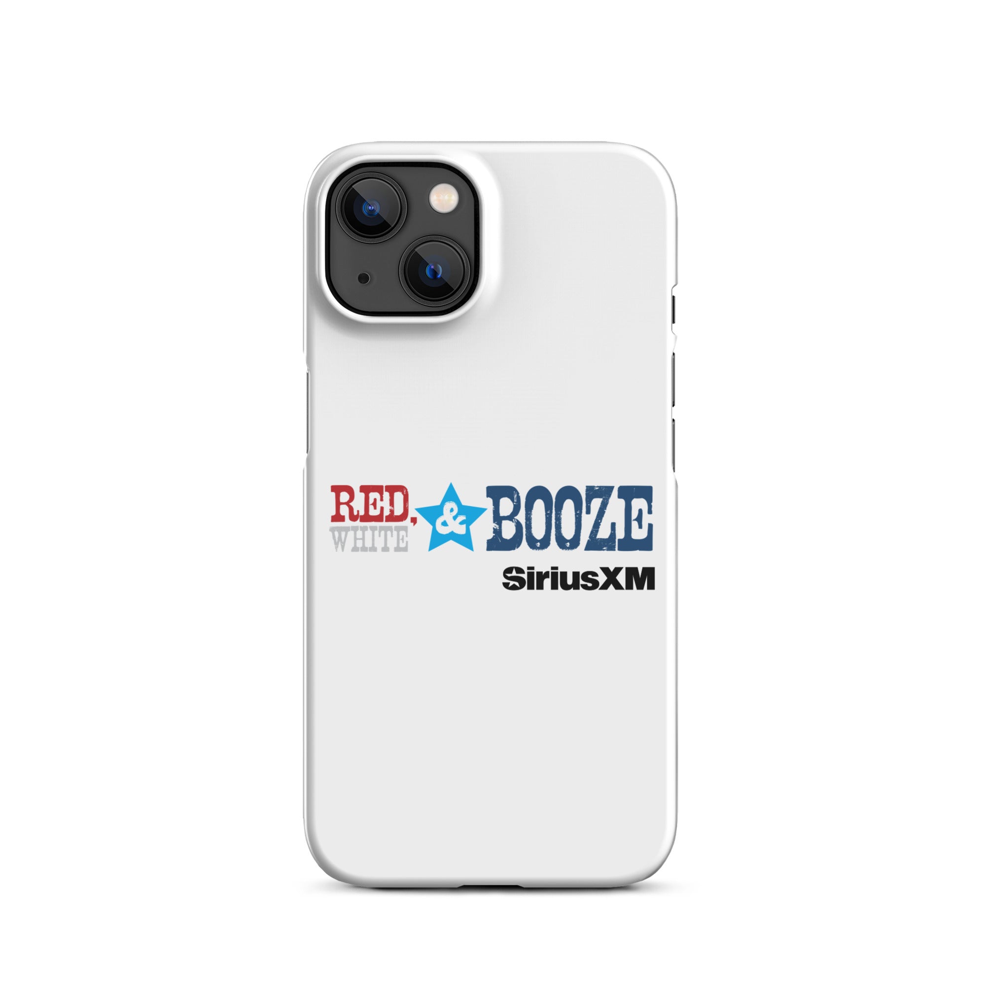 White phone case design with 'RED, WHITE & BOOZE' and 'SiriusXM' logos in red, blue, and black.