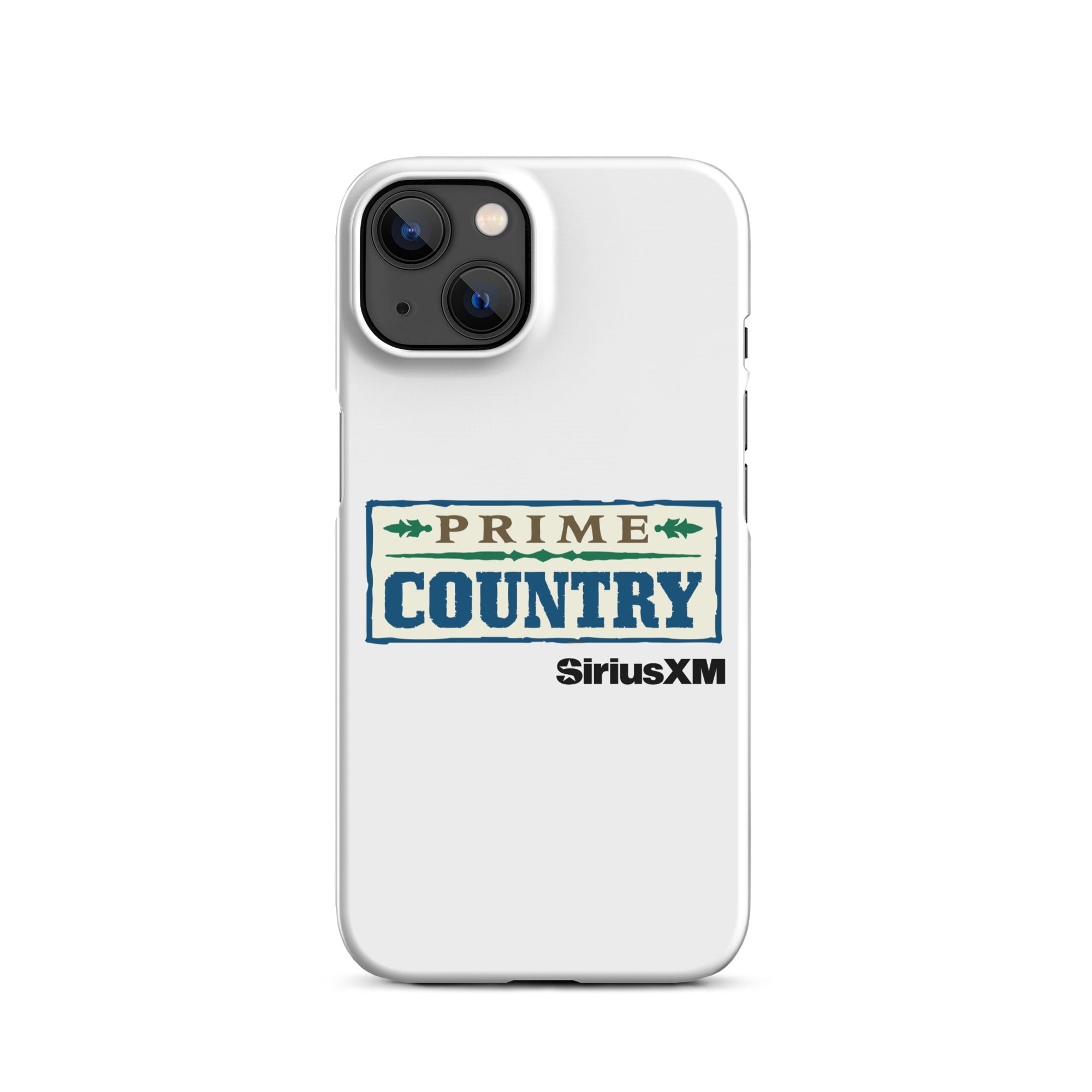 White phone case featuring the 'PRIME COUNTRY' logo and 'SiriusXM' branding.