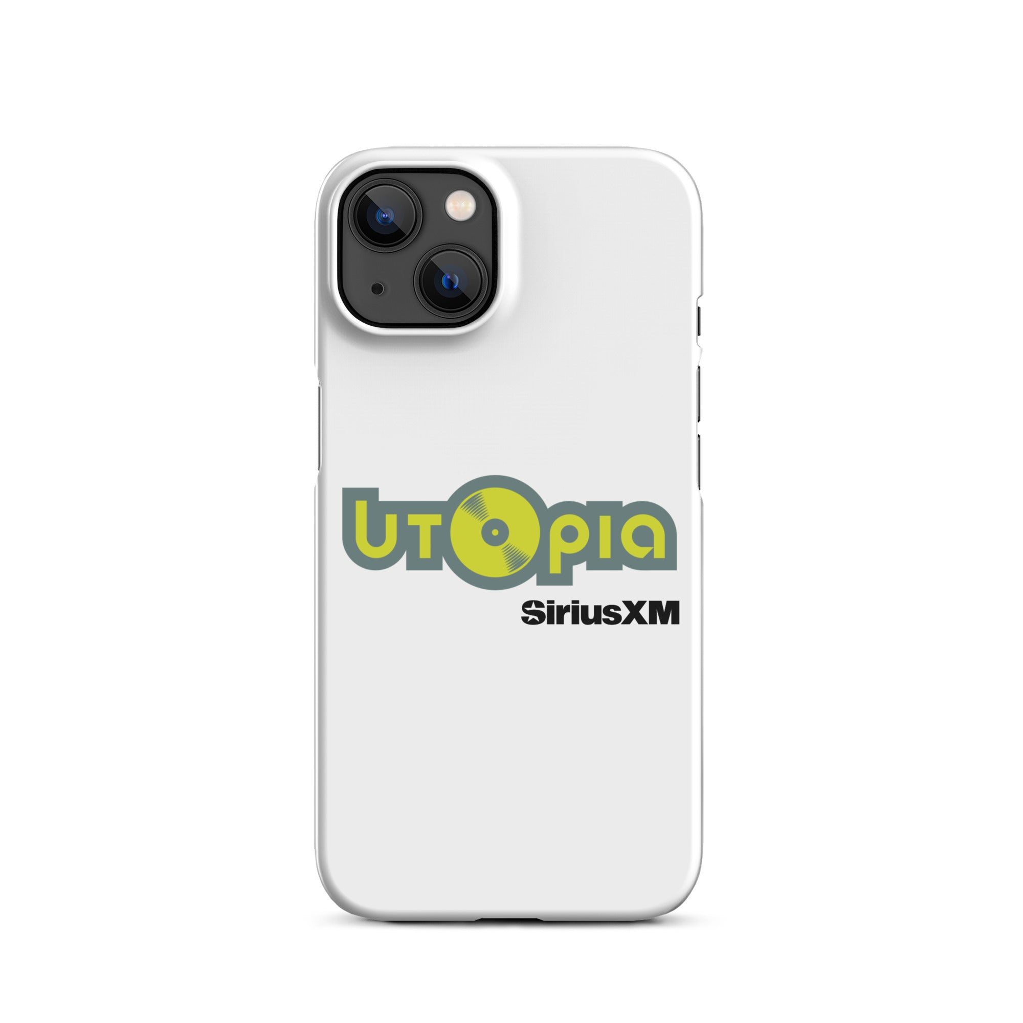 White phone case featuring the logo 'Utopia' with a vinyl record and 'SiriusXM' text.