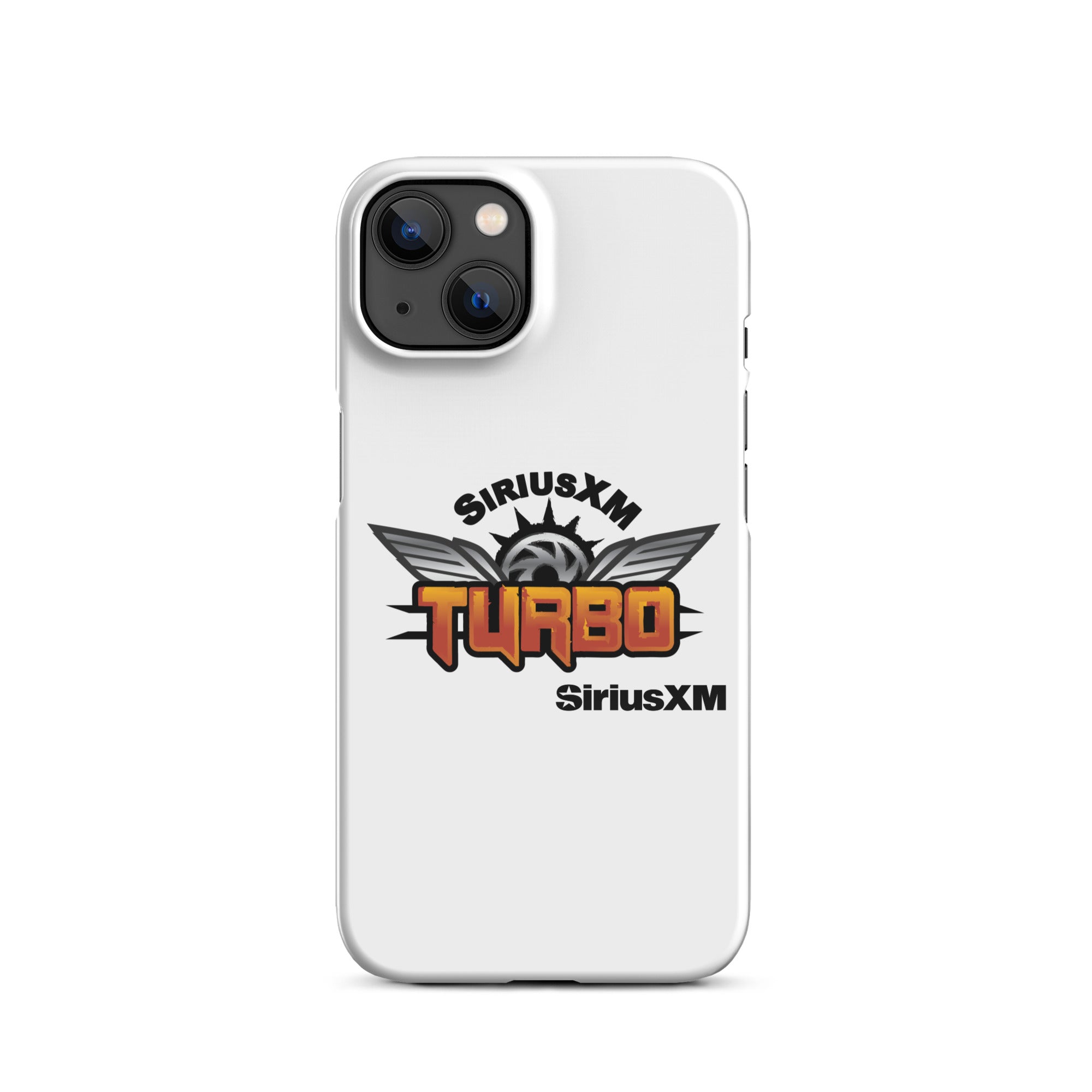 White phone case featuring the 'SiriusXM Turbo' logo in bold orange lettering with wings and 'SiriusXM' branding.