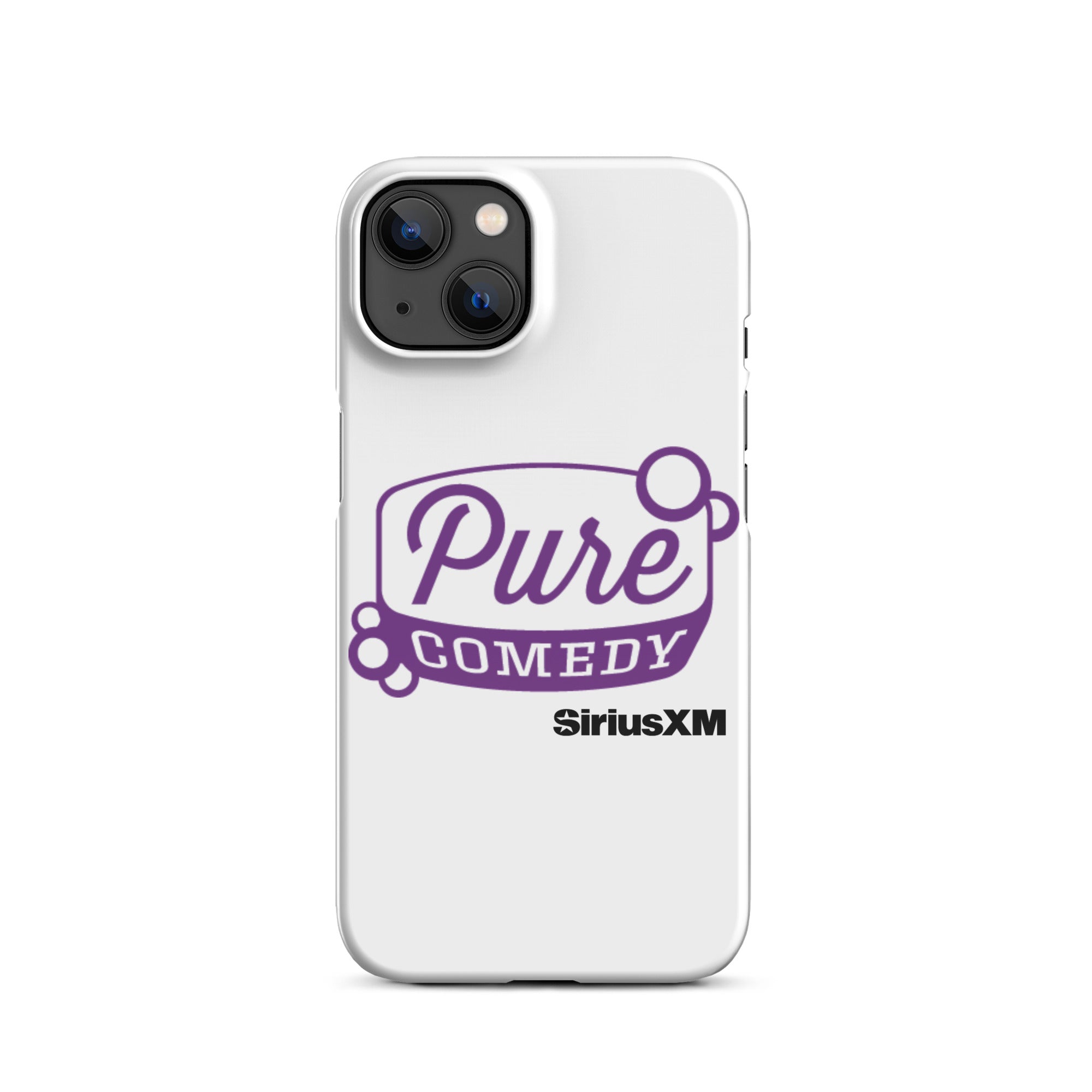 White phone case featuring 'Pure Comedy' in purple and 'SiriusXM' logo.