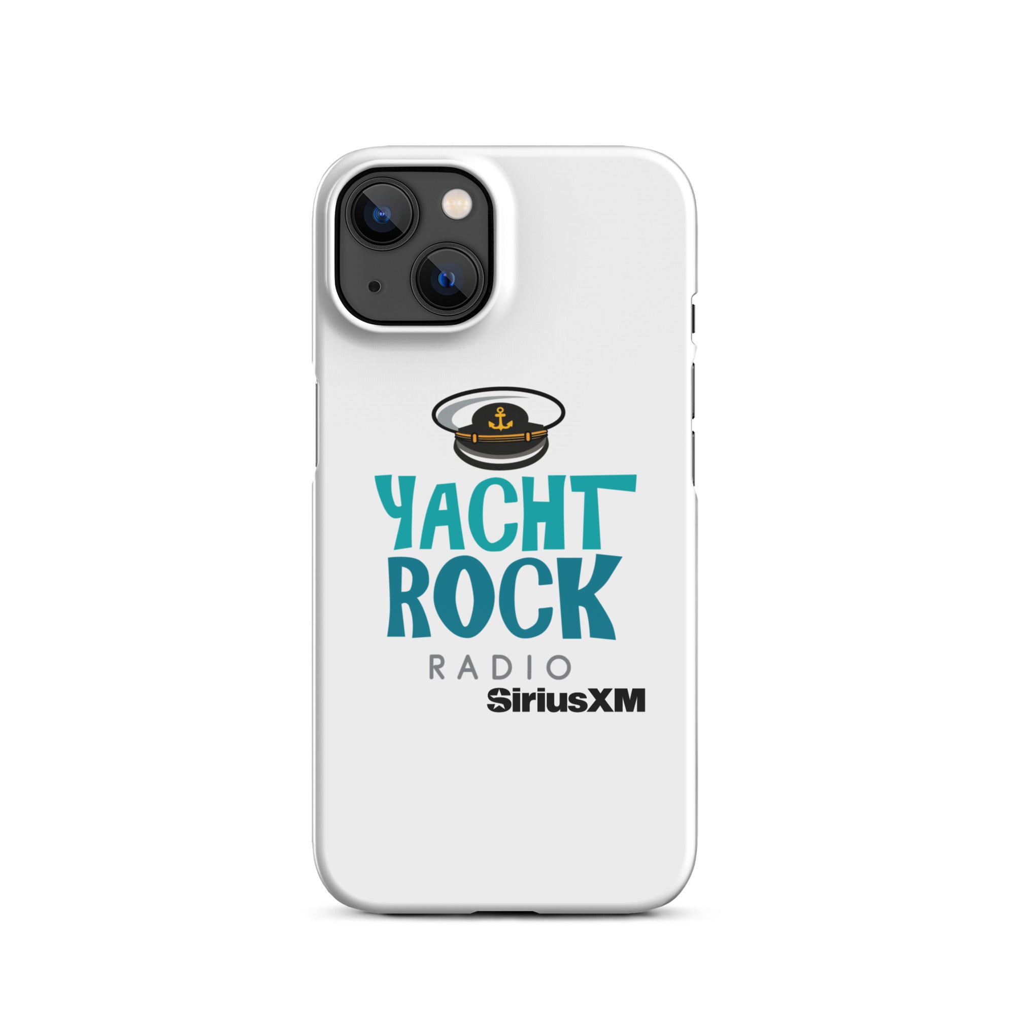 White phone case featuring 'Yacht Rock Radio' logo with a captain's hat and 'SiriusXM' branding.