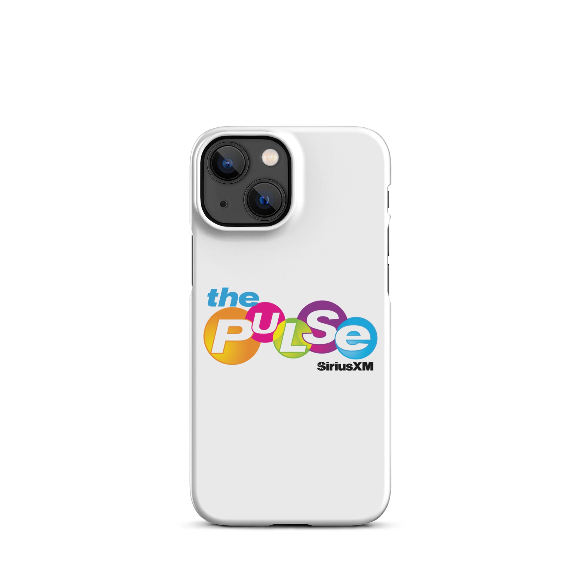 A white phone case featuring 'the PULSE' logo with vibrant colors and 'SiriusXM' branding.