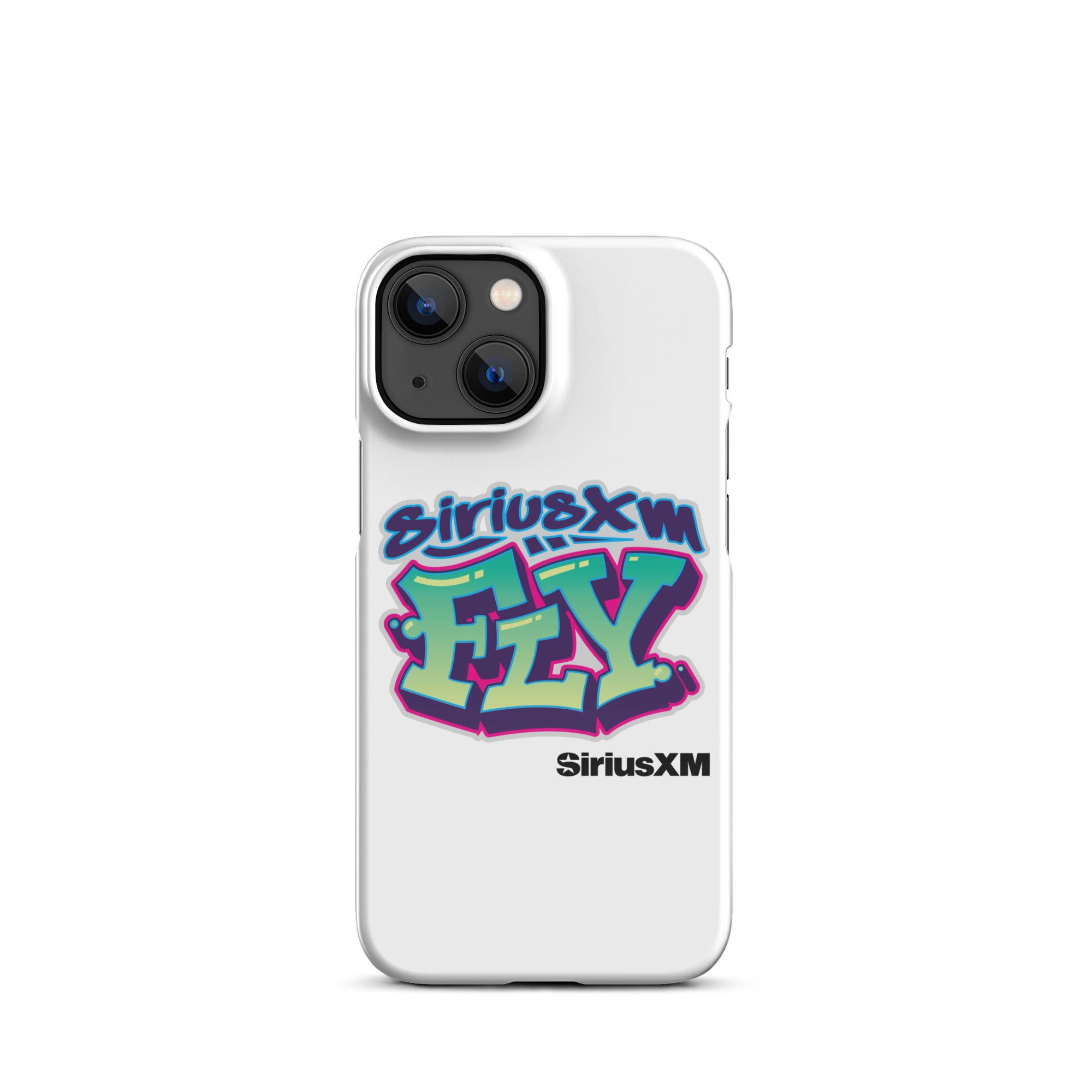 White phone case featuring colorful graffiti-style text: 'SiriusXM FLY' with 'SiriusXM' branding below.