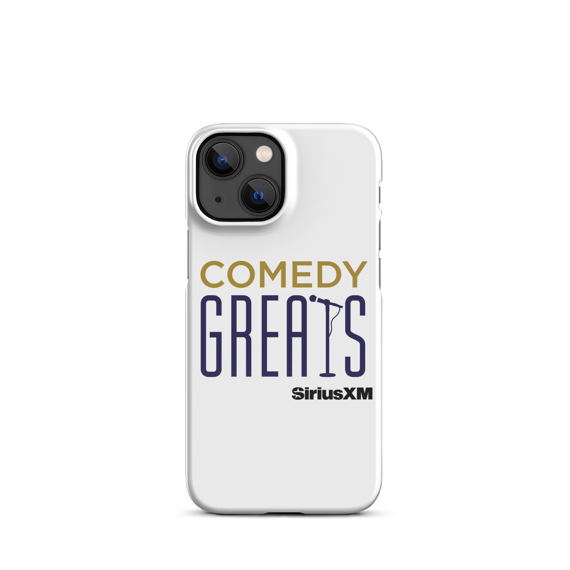 White phone case featuring the text 'COMEDY GREATS' and the 'SiriusXM' logo.