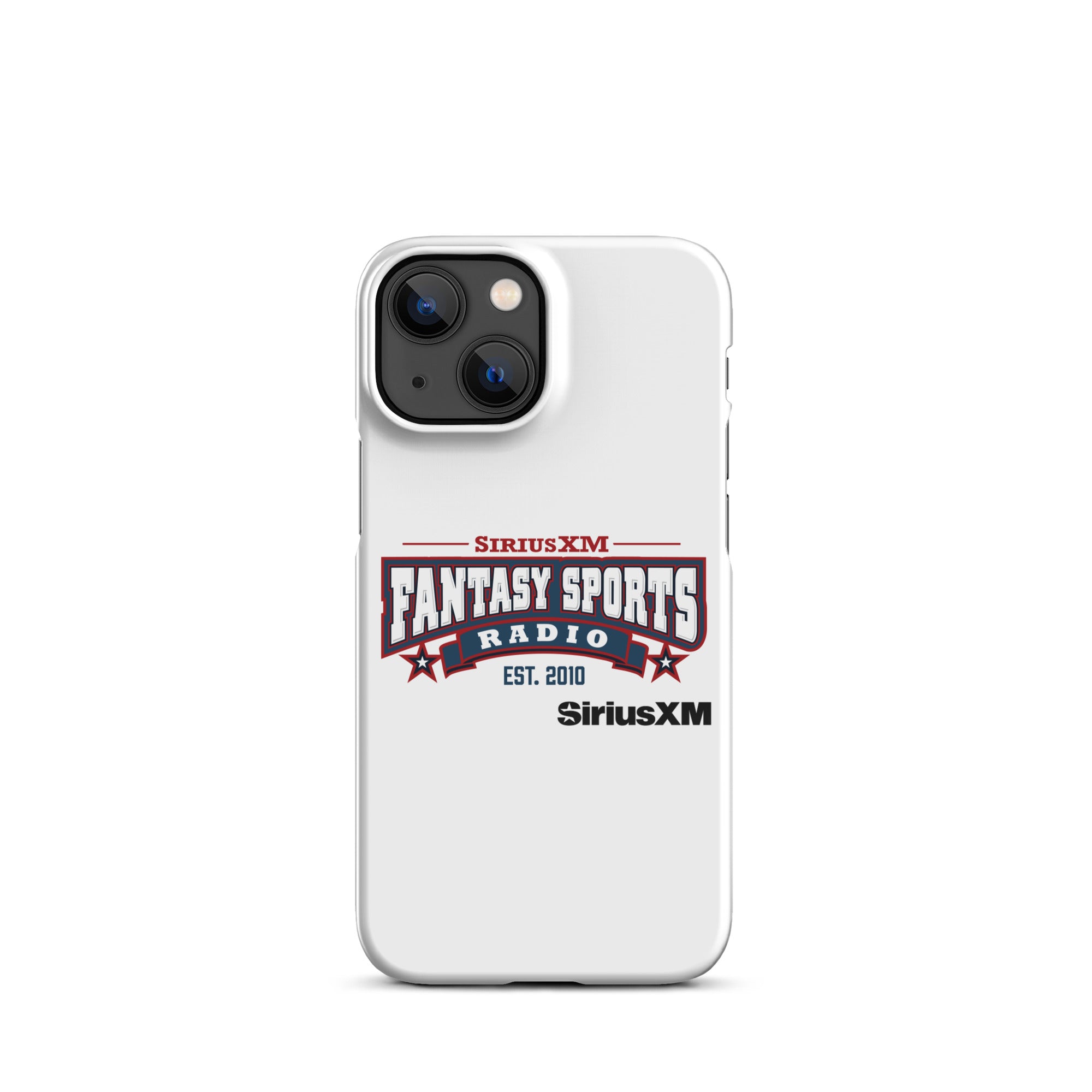 White phone case featuring the 'SiriusXM Fantasy Sports Radio Established 2010' logo with stars, banners and black 'SiriusXM' branding underneath.