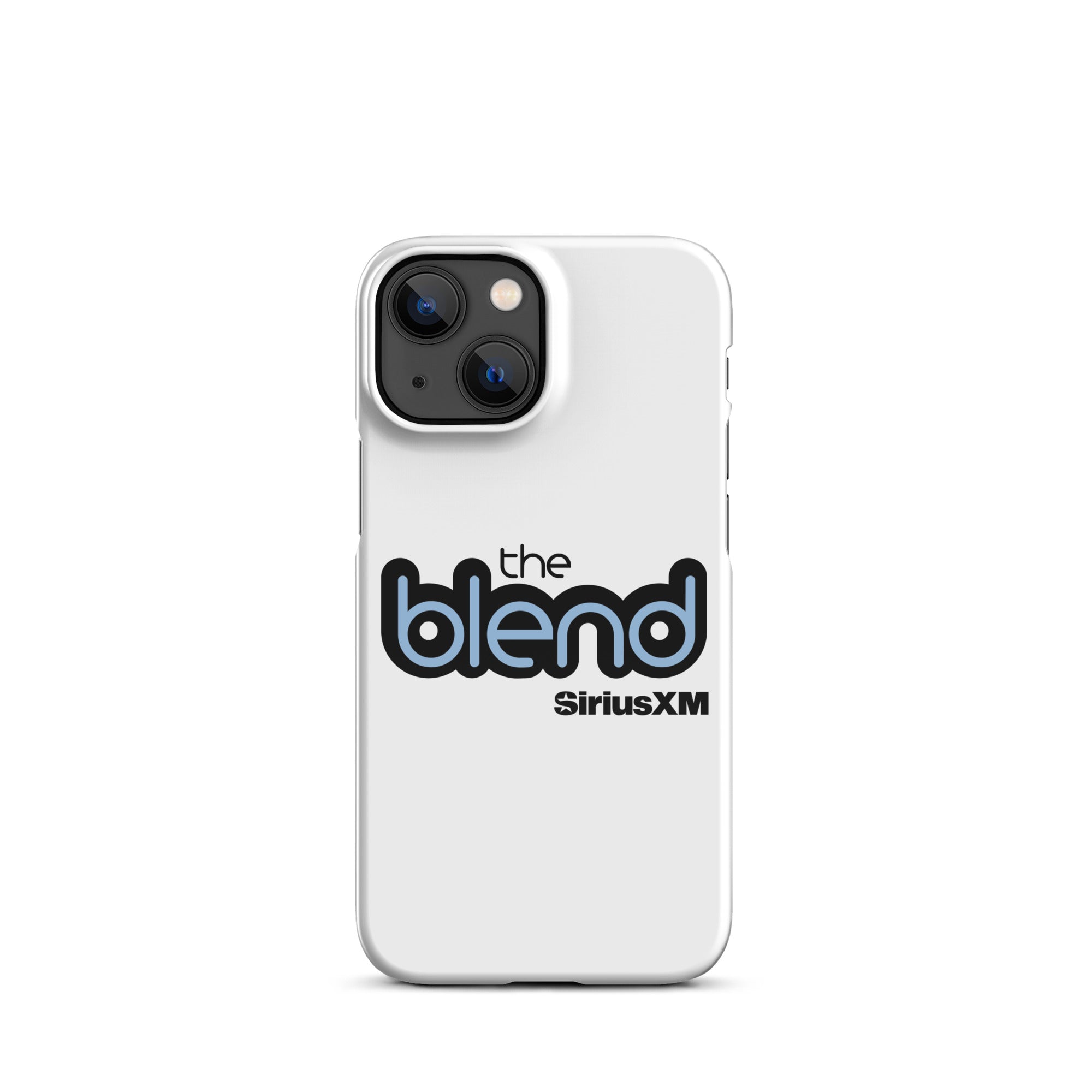 White phone case featuring the logo 'the blend' in black and blue and the 'SiriusXM' logo.