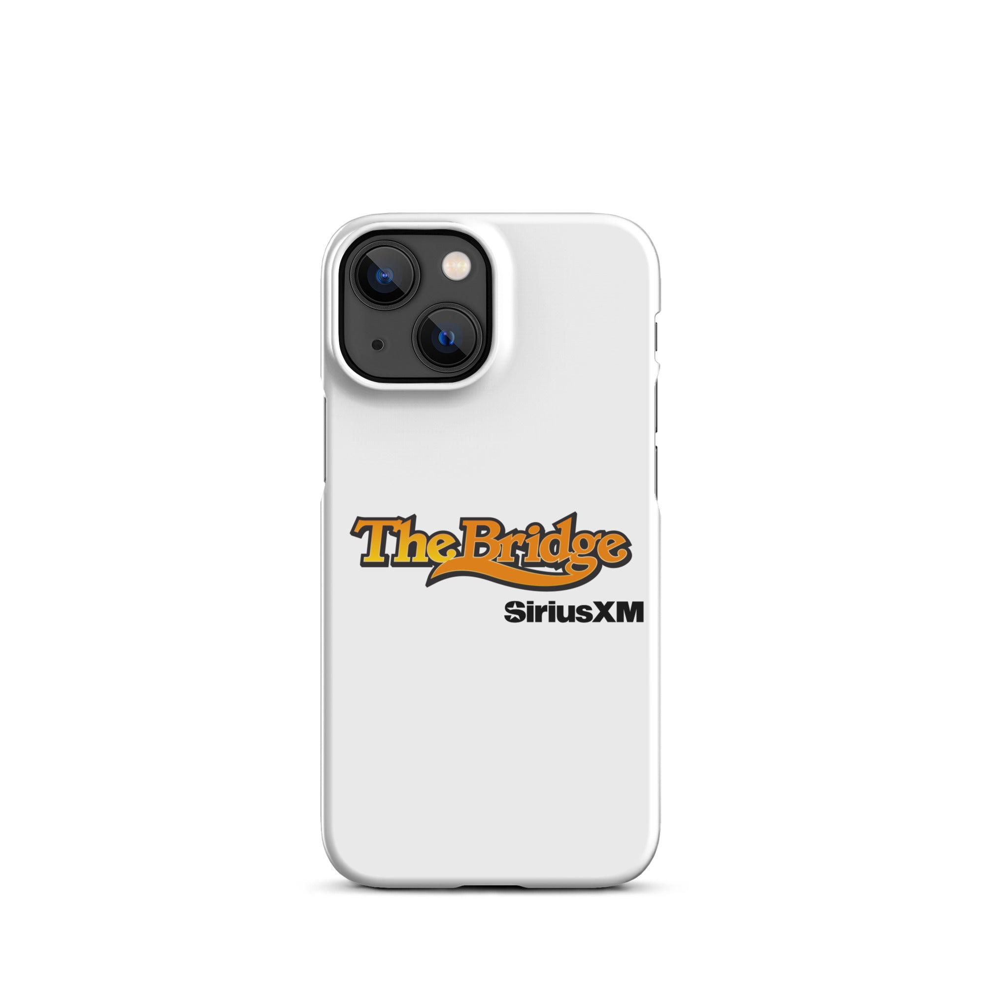 White phone case featuring the logos for 'The Bridge' and 'SiriusXM.'