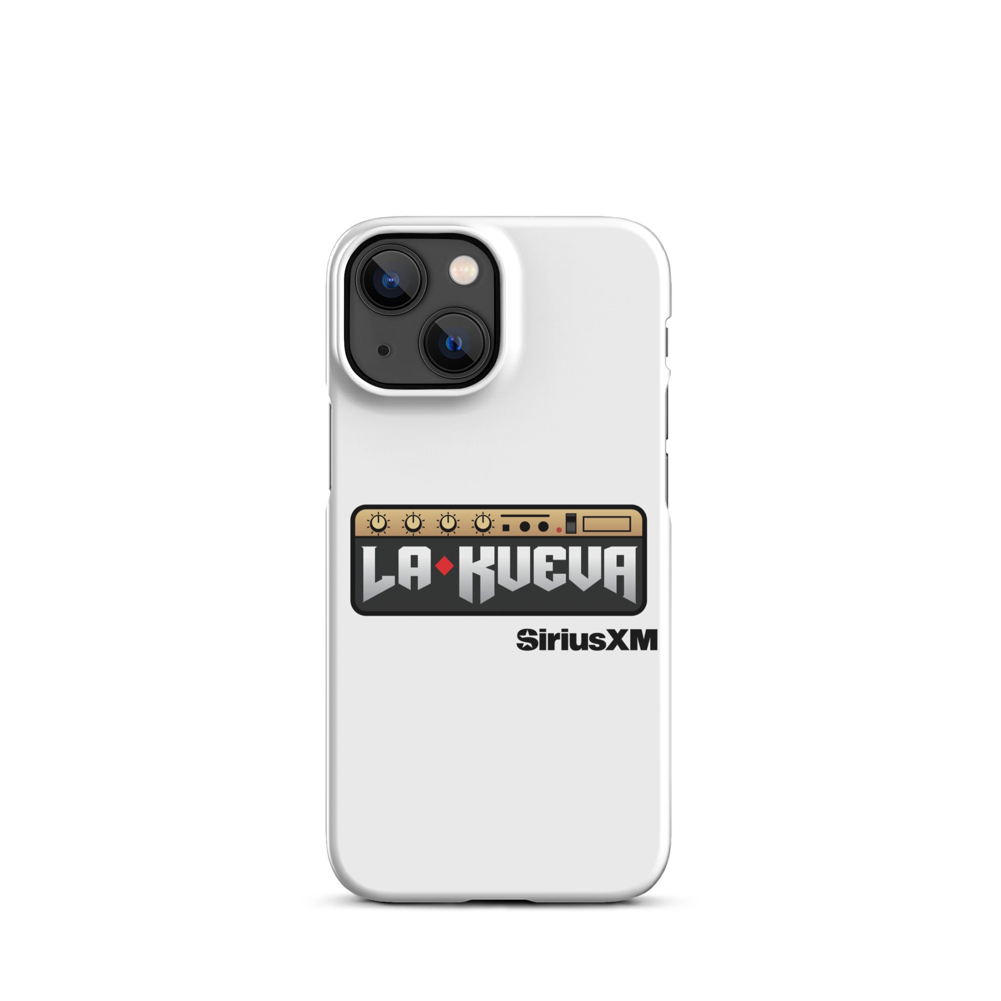 White phone case featuring 'LA KUEVA' and 'SiriusXM' logo with a graphic design resembling a sound mixer.