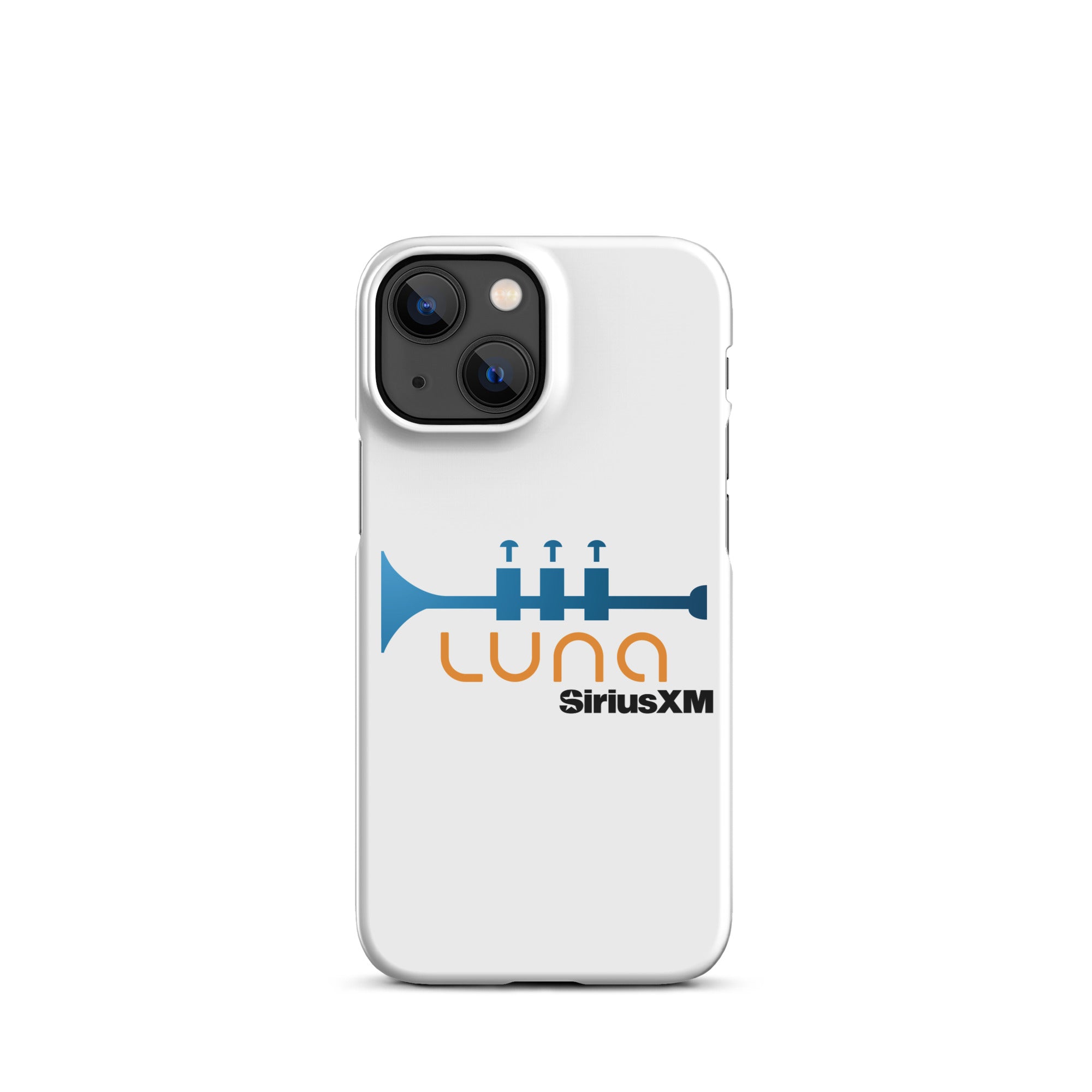 White phone case featuring a blue trumpet graphic in the orange 'LUNA' logo and 'SiriusXM' branding.