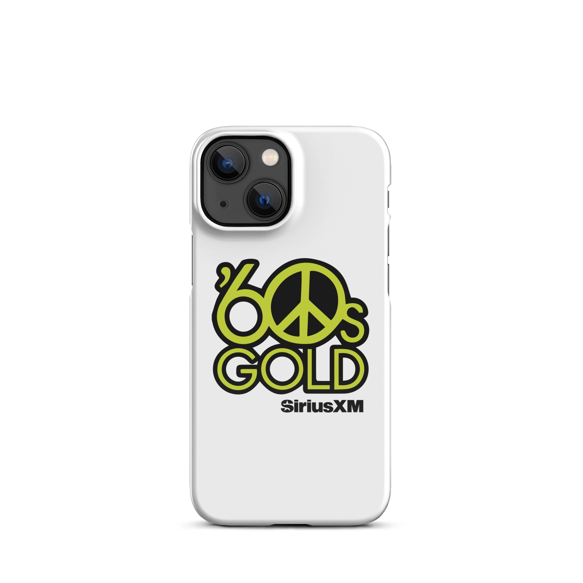 White phone case featuring '60s Gold' logo and peace sign in green, with 'SiriusXM' branding.