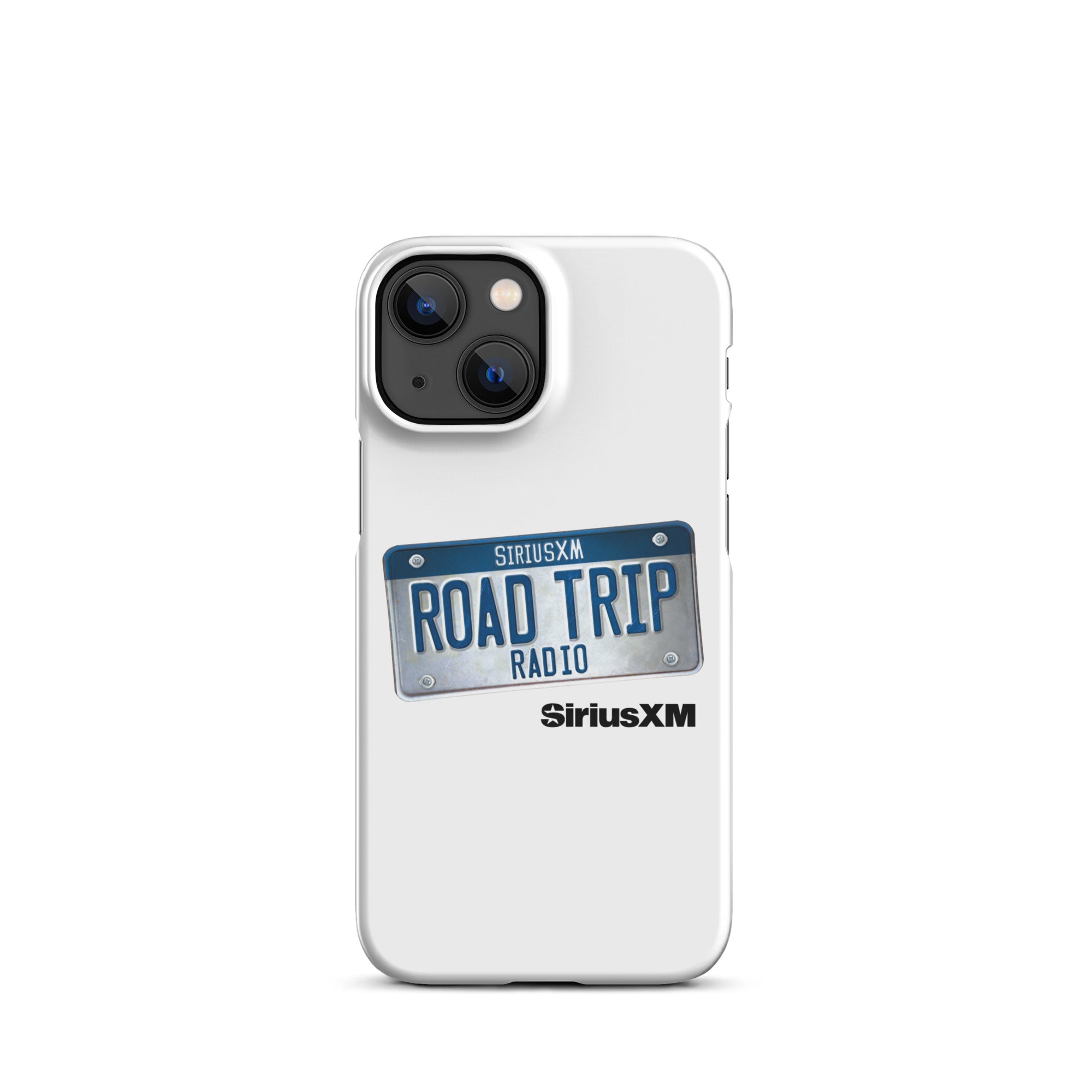 White phone case featuring a license plate design with 'ROAD TRIP RADIO' logo and 'SiriusXM' branding.