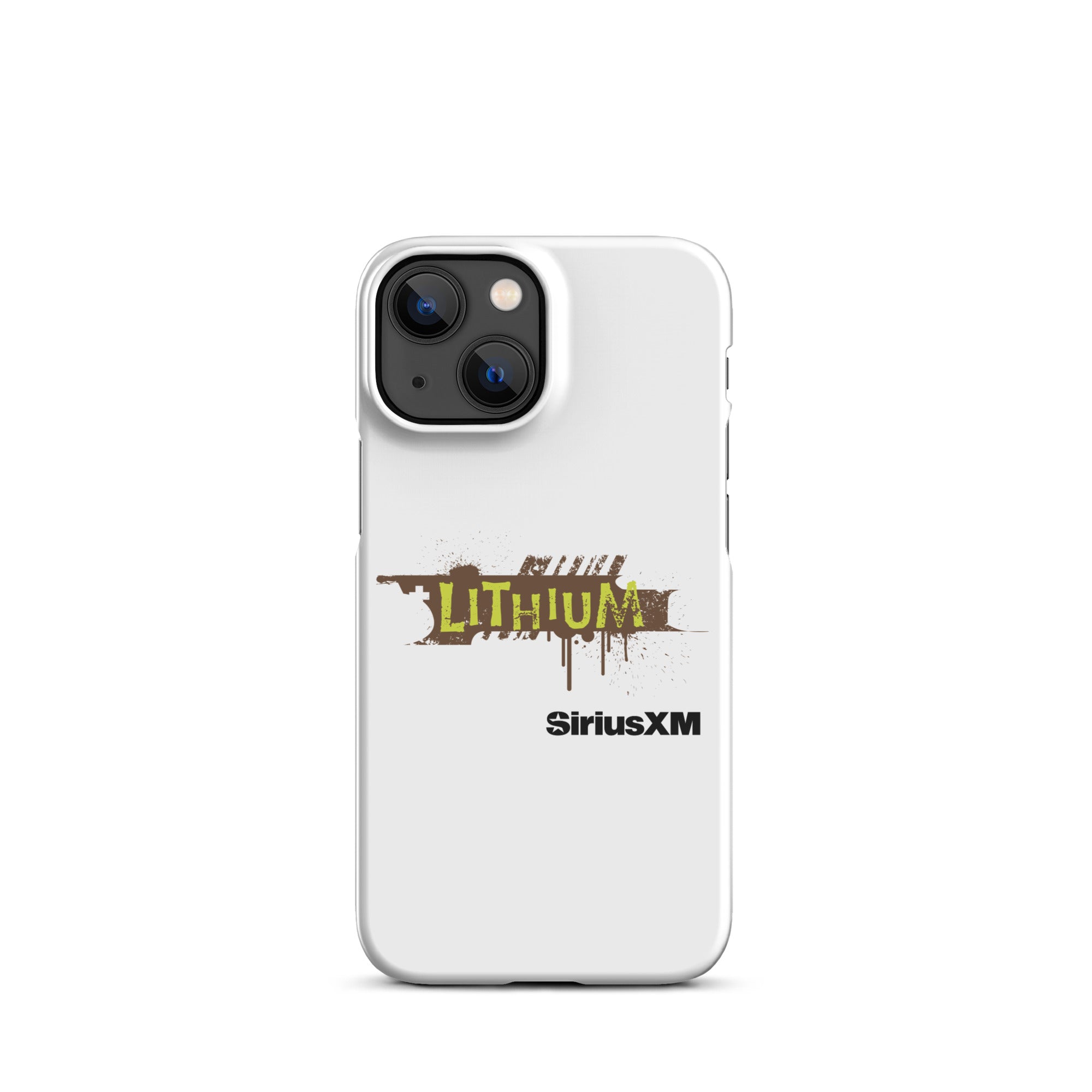 A white phone case featuring the 'LITHIUM' logo in green and brown, with 'SiriusXM' below it.