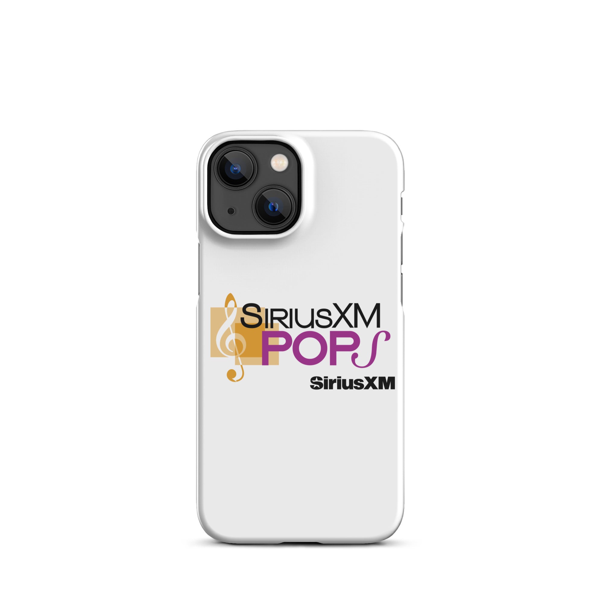 A white phone case featuring the 'SiriusXM POPS' logo in purple with a gold musical note design and 'SiriusXM' branding.