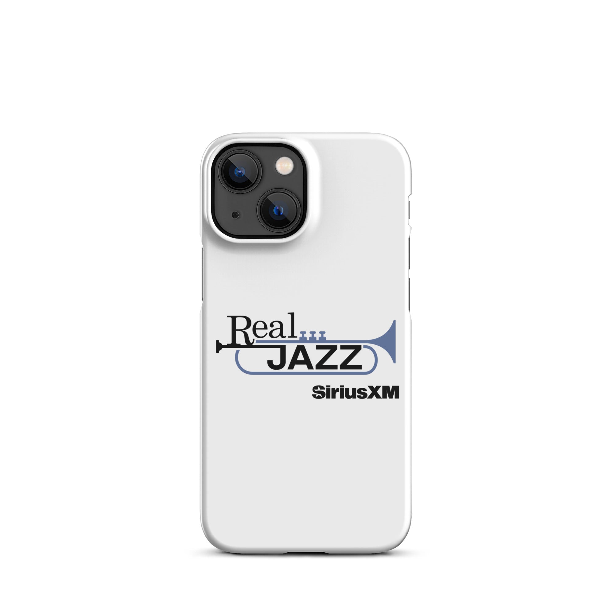 White phone case with 'Real Jazz' text and trumpet logo, featuring 'SiriusXM' branding.