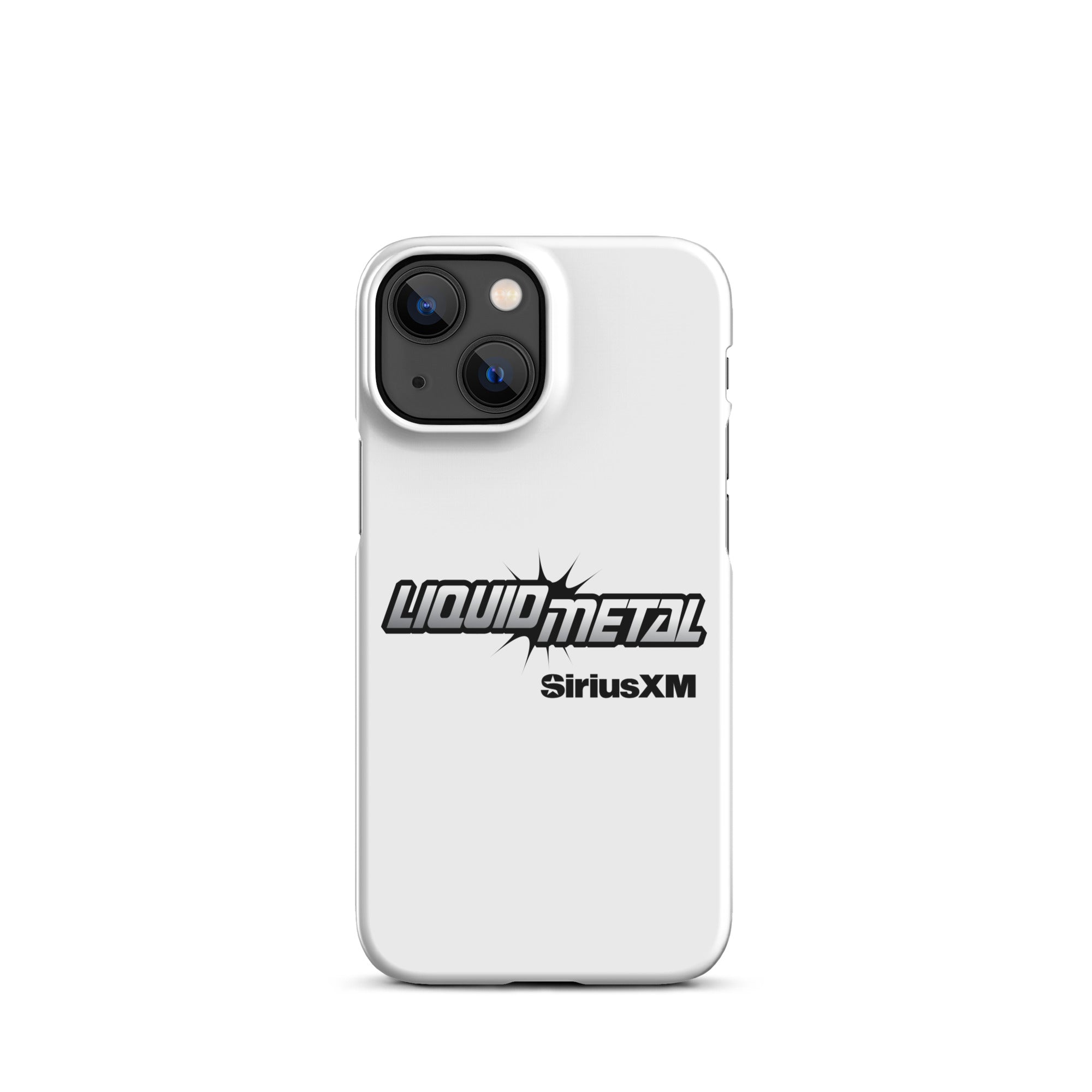 White phone case featuring the 'LIQUID METAL' logo with 'SiriusXM' underneath in a bold design.