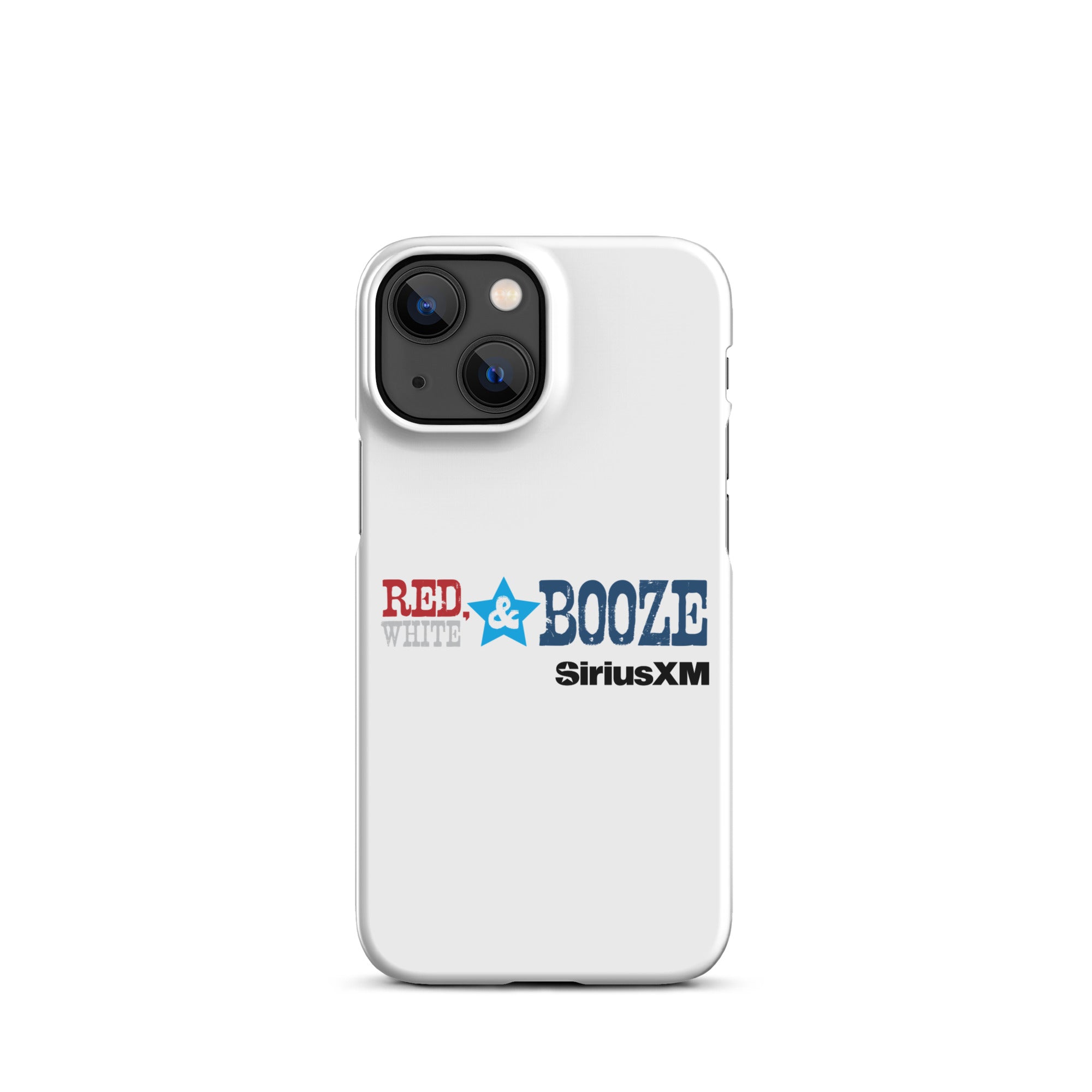 White phone case design with 'RED, WHITE & BOOZE' and 'SiriusXM' logos in red, blue, and black.