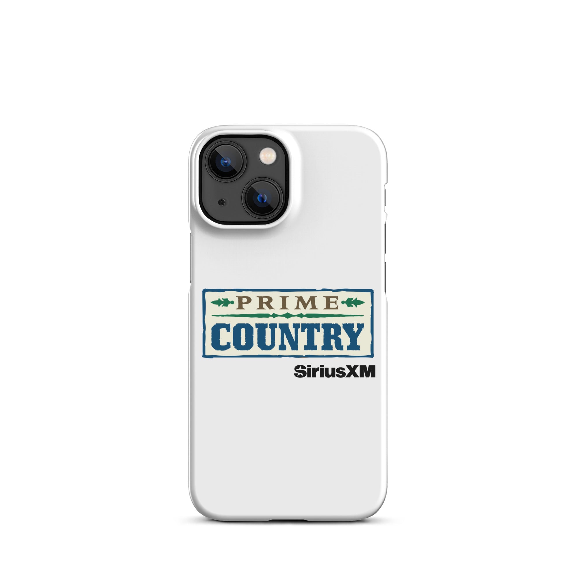 White phone case featuring the 'PRIME COUNTRY' logo and 'SiriusXM' branding.